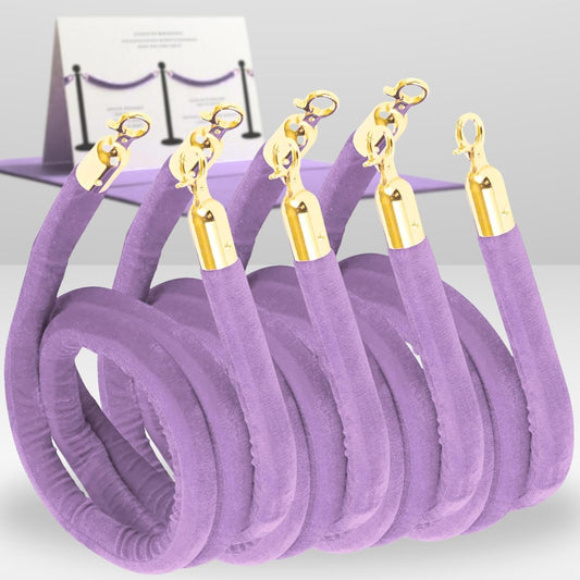 Light Purple Velvet Rope Set for Hotel Lobby VIP Stations - 4-Piece Chambridge Queue Posts with Twisted Ropes and Snap Hooks for Special Events