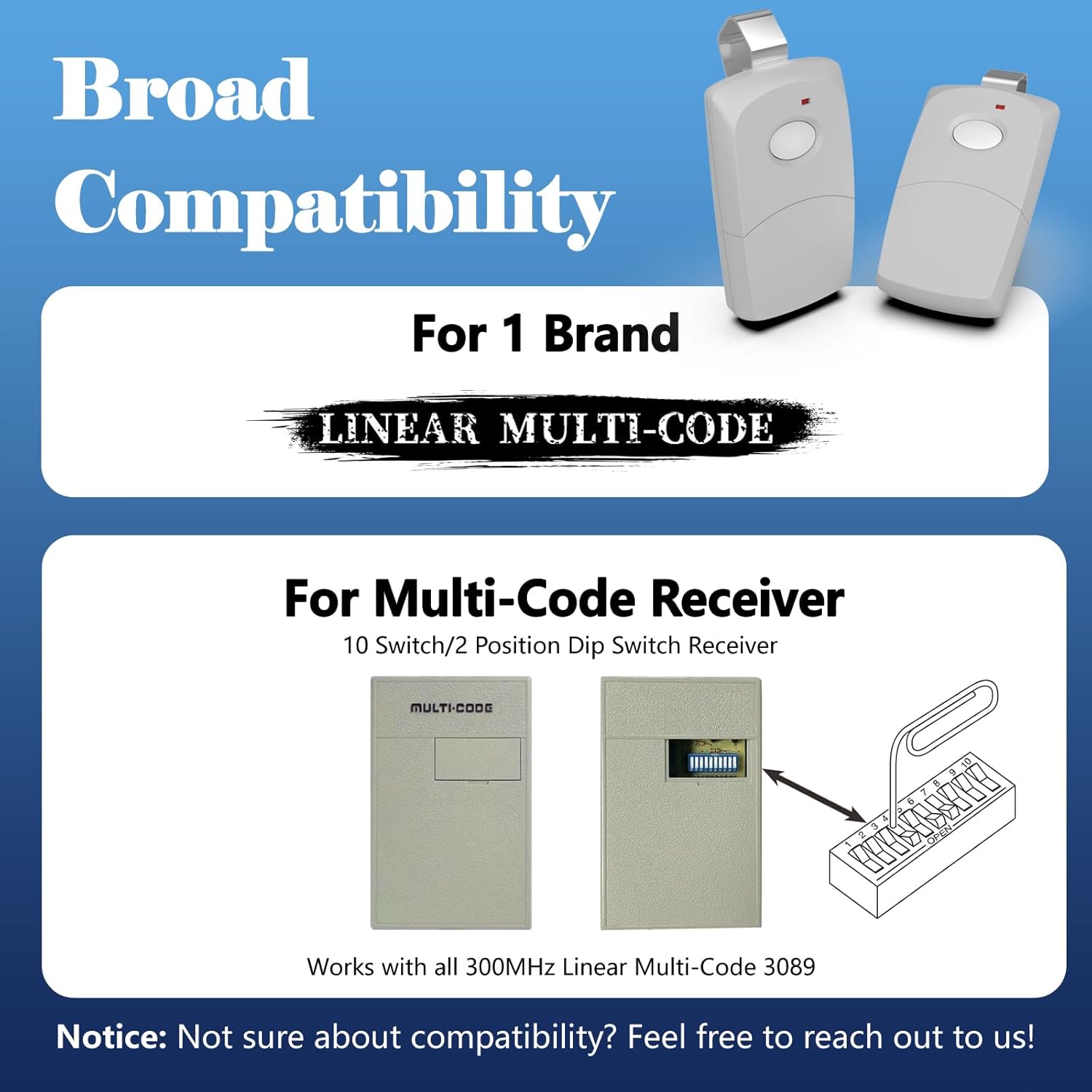 Linear Multi-Code Garage Door Opener Remote Transmitter 3089 308911 MCS308911 - 10 Dip Switch 300MHz Gate Opener Remote - Garage Clicker Replacement