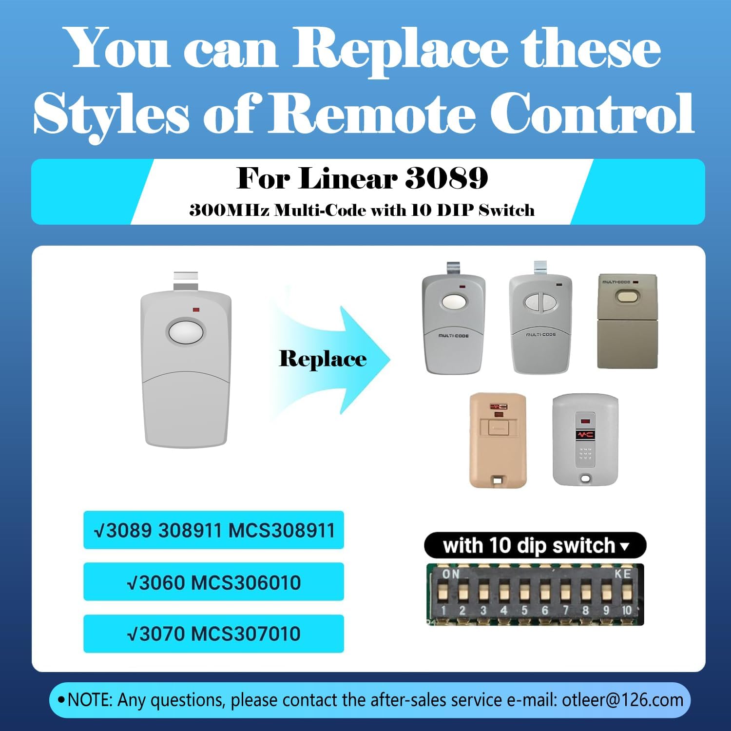 Linear Multi-Code Garage Door Opener Remote Transmitter 3089 308911 MCS308911 - 10 Dip Switch 300MHz Gate Opener Remote - Garage Clicker Replacement