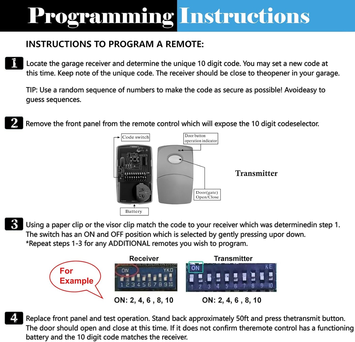Linear Multi-Code Garage Door Opener Remote Transmitter 3089 308911 MCS308911 - 10 Dip Switch 300MHz Gate Opener Remote - Garage Clicker Replacement