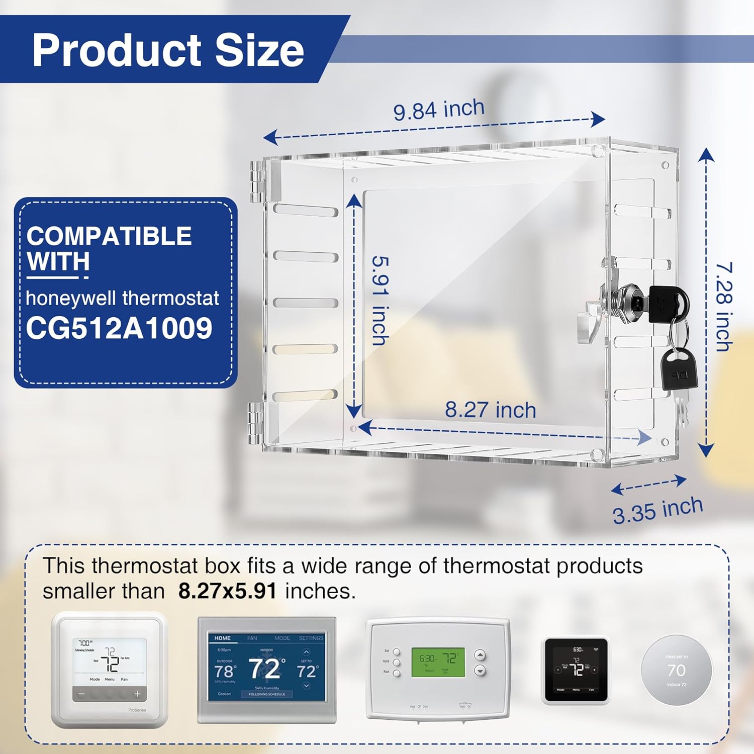 Lockable Thermostat Box with Keys - Clear Cover, Compatible with Honeywell CG512A1009, Guard with Lock for Thermostats 8.27" W x 5.91" H
