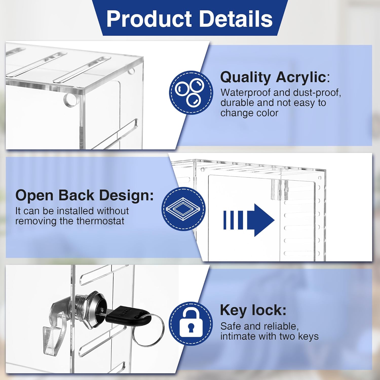 Lockable Thermostat Box with Keys - Clear Cover, Compatible with Honeywell CG512A1009, Guard with Lock for Thermostats 8.27" W x 5.91" H