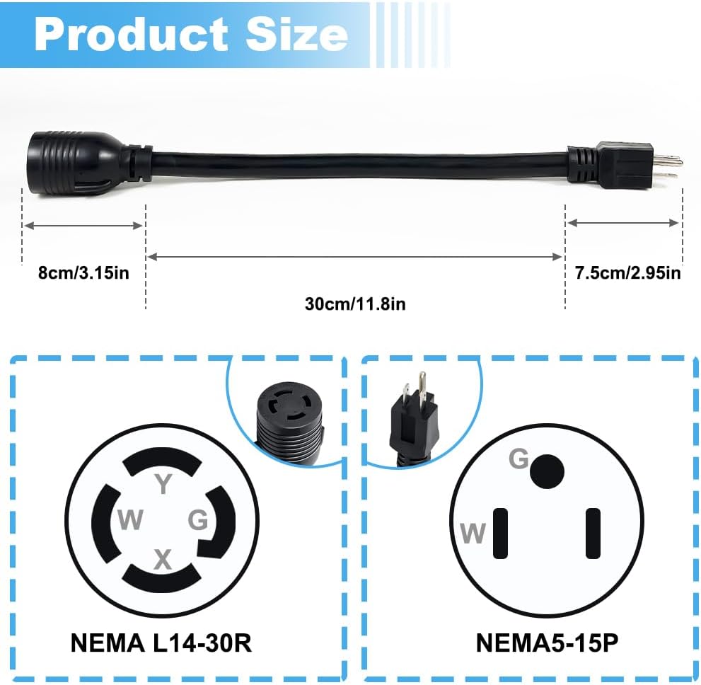 Locking L14-30 Female Receptacle Adapter Cord - 5-15 Male Plug to 30Amp, 15Amp to Generator Adapter Cord, STW 10AWG 1ft