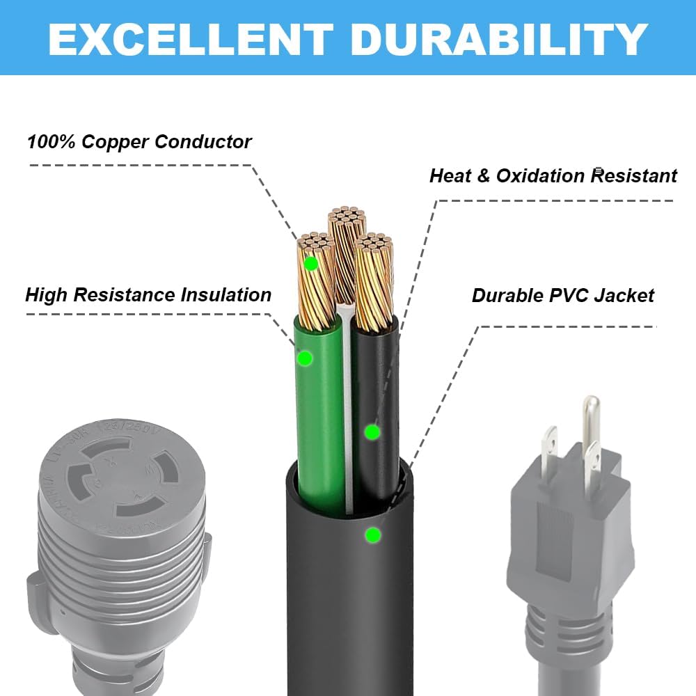 Locking L14-30 Female Receptacle Adapter Cord - 5-15 Male Plug to 30Amp, 15Amp to Generator Adapter Cord, STW 10AWG 1ft