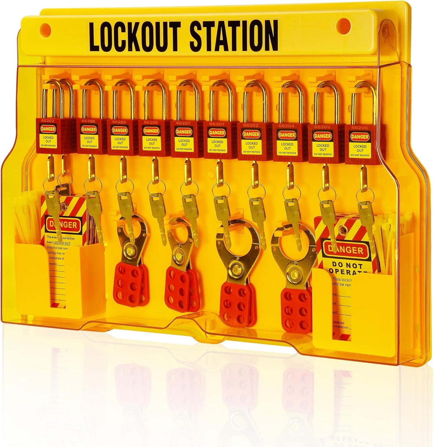 Lockout Tagout Station with 10 Safety Padlocks, 4 Hasps, 40 Lockout Tags, 40 Nylon Ties - OSHA Compliance Kit