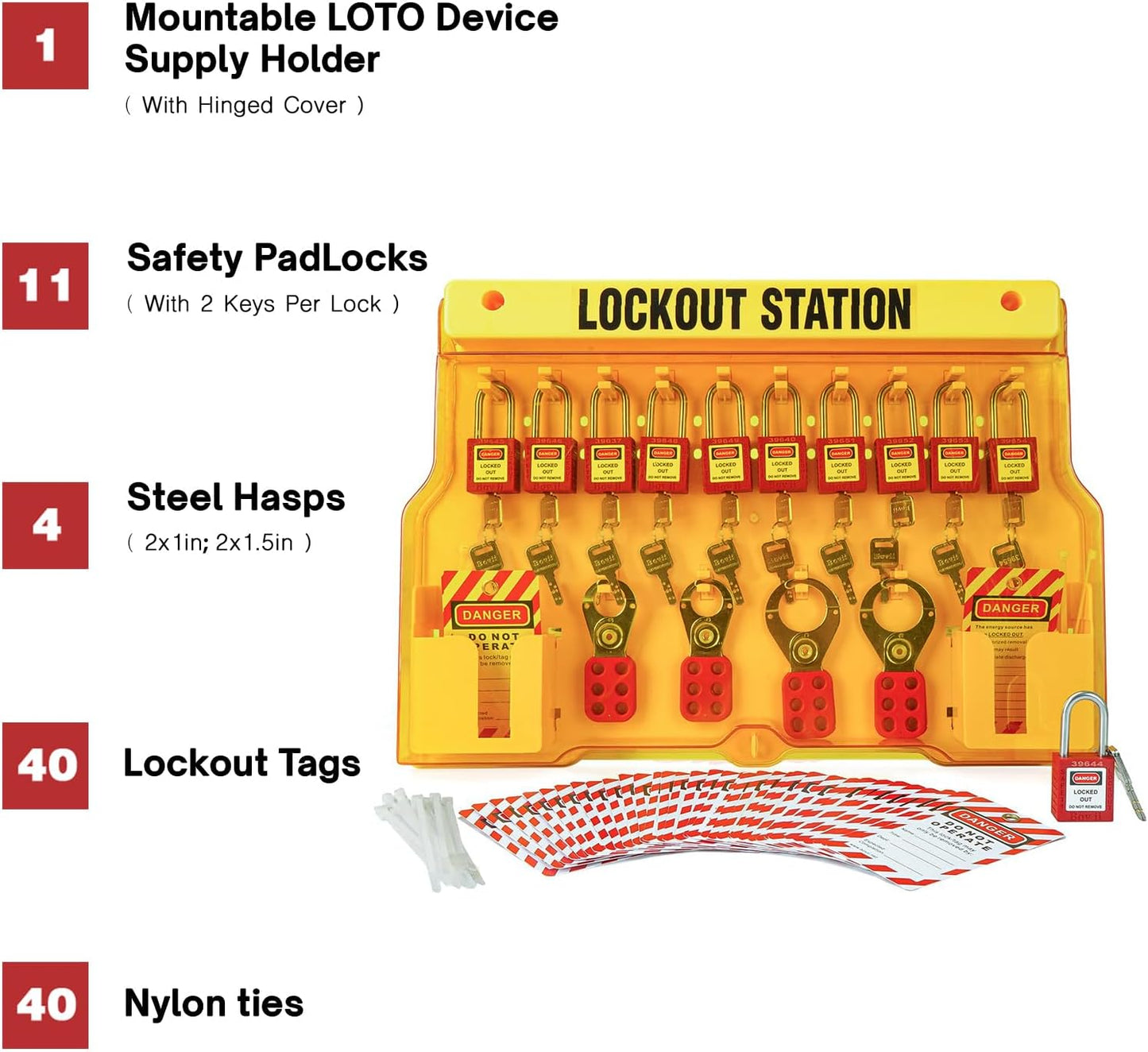 Lockout Tagout Station with 10 Safety Padlocks, 4 Hasps, 40 Lockout Tags, 40 Nylon Ties - OSHA Compliance Kit