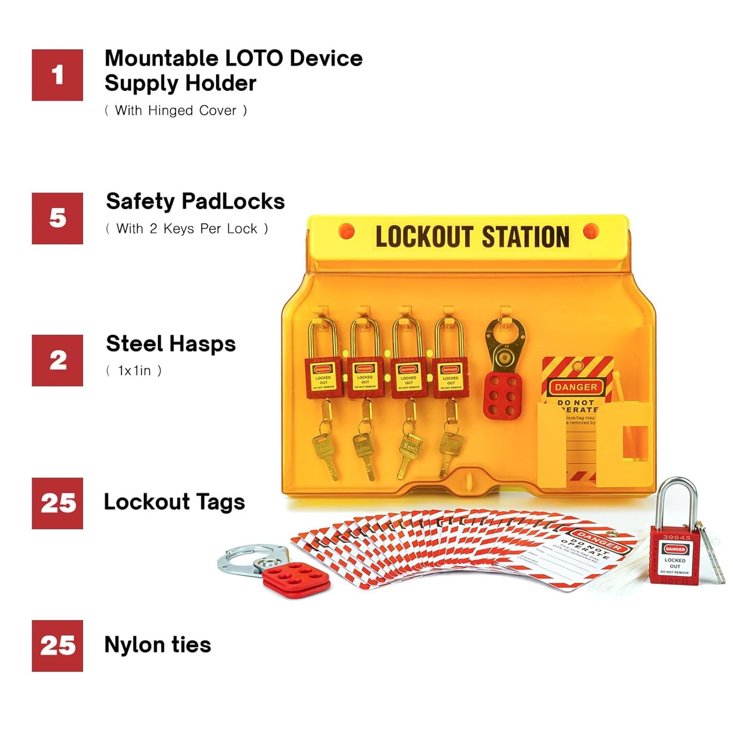 Lockout Tagout Station with 5 Padlocks, 2 Hasps, 25 Tags, 25 Ties - OSHA Compliant Lockout Safety Supply - WildKart