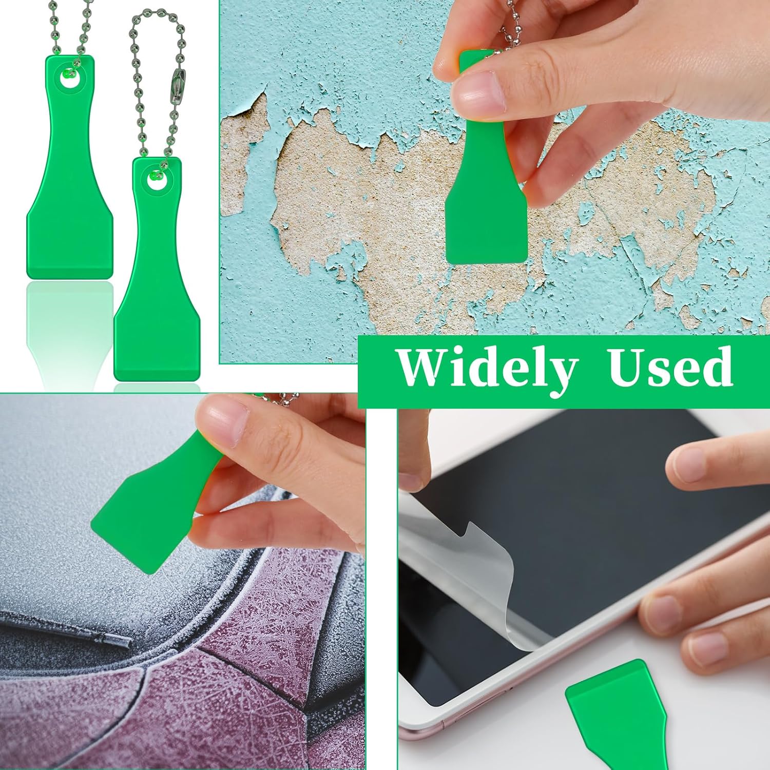 Lotto Scratcher Tool Keychain Set - 10 Pcs Plastic Scrapers for Lottery Tickets, Label Stickers, and More - Green Scoop Shape Keyring Scraper