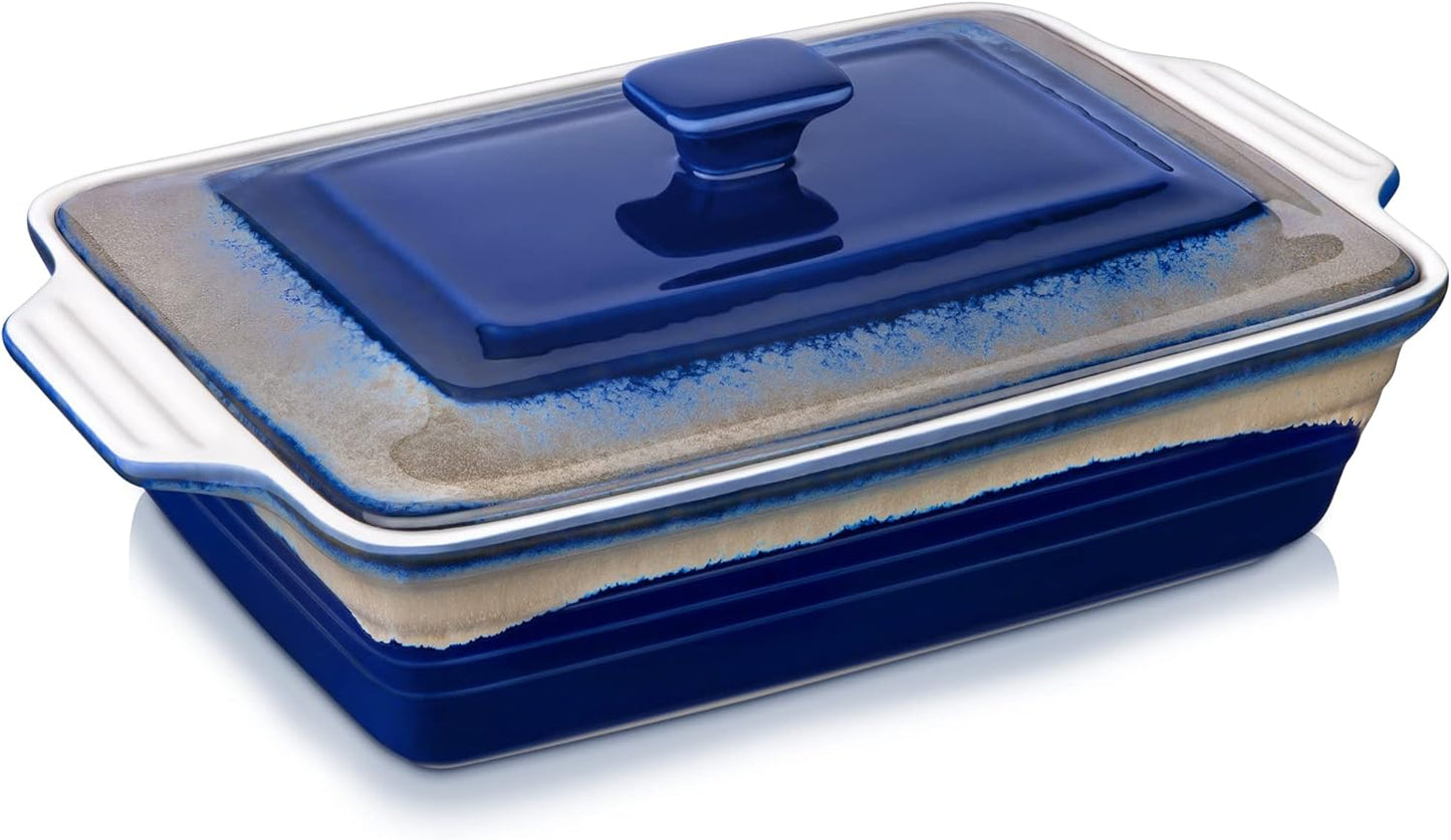 LOVECASA 4.5 Quart Deep Casserole Dish with Lid, Nonstick Baking Lasagna Pan - Easy to Clean Ceramic Bakeware for Oven, Indigo Gray Gradient