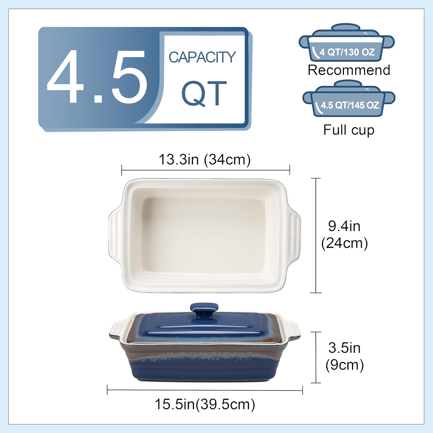 LOVECASA 4.5 Quart Deep Casserole Dish with Lid, Nonstick Baking Lasagna Pan - Easy to Clean Ceramic Bakeware for Oven, Indigo Gray Gradient