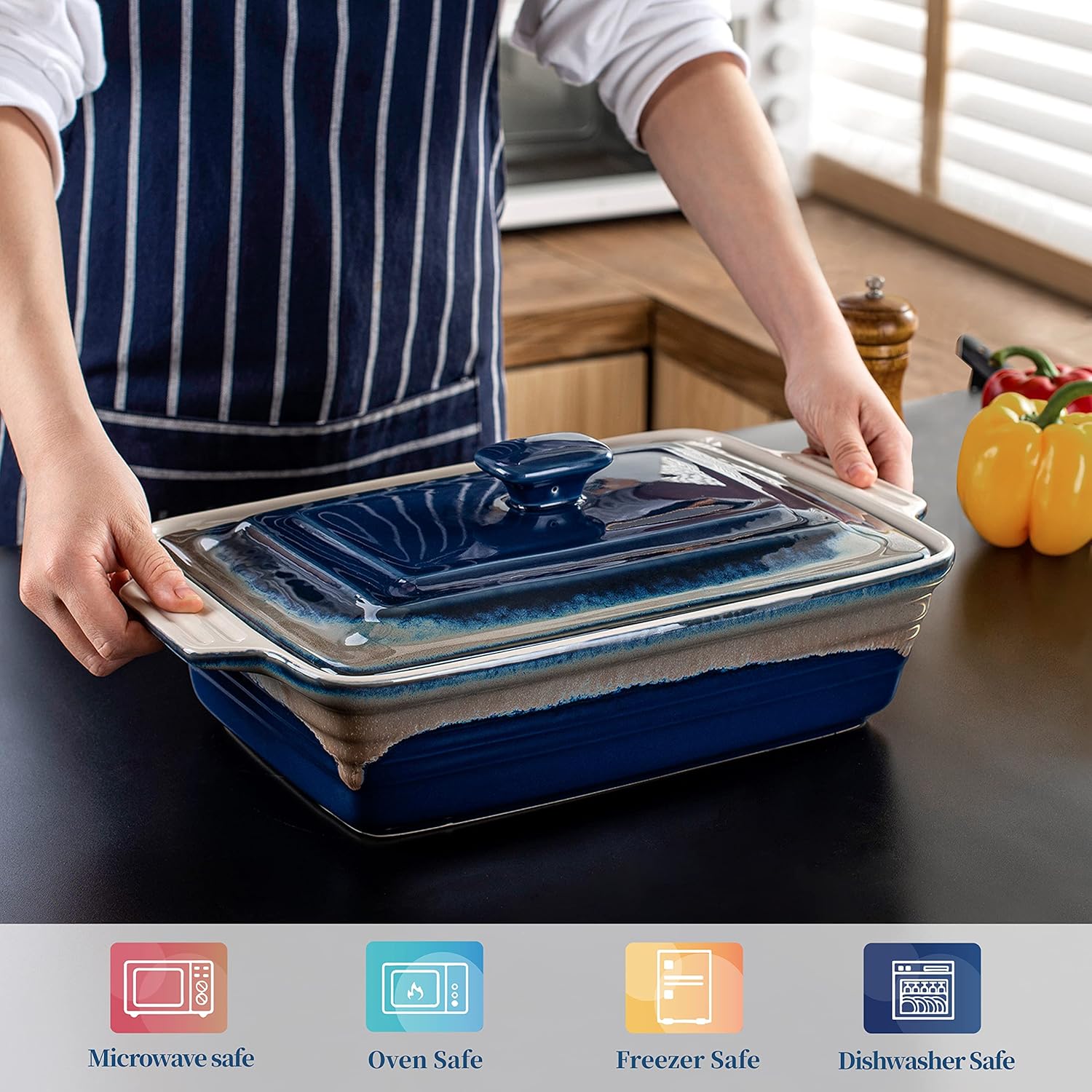 LOVECASA 4.5 Quart Deep Casserole Dish with Lid, Nonstick Baking Lasagna Pan - Easy to Clean Ceramic Bakeware for Oven, Indigo Gray Gradient