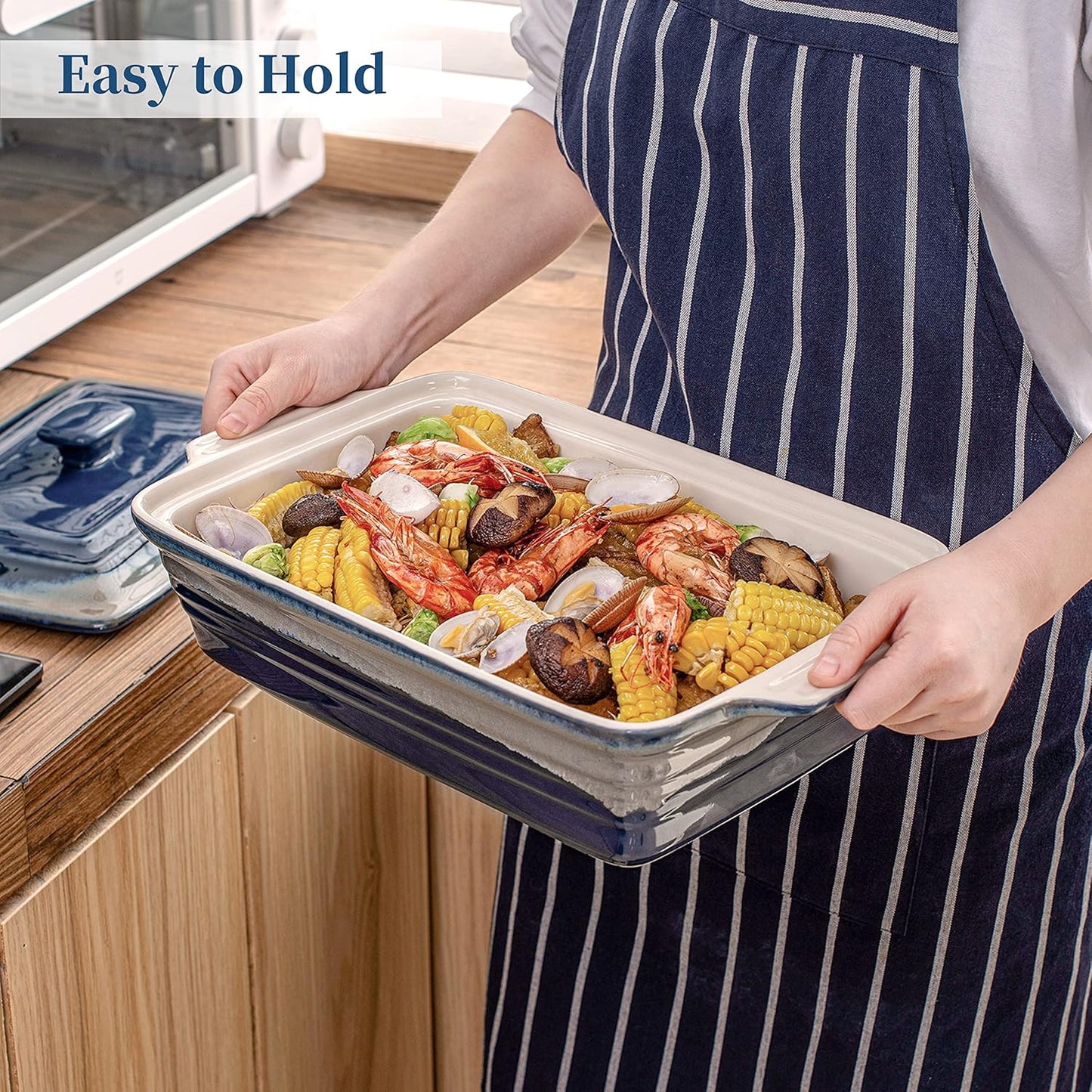 LOVECASA 4.5 Quart Deep Casserole Dish with Lid, Nonstick Baking Lasagna Pan - Easy to Clean Ceramic Bakeware for Oven, Indigo Gray Gradient