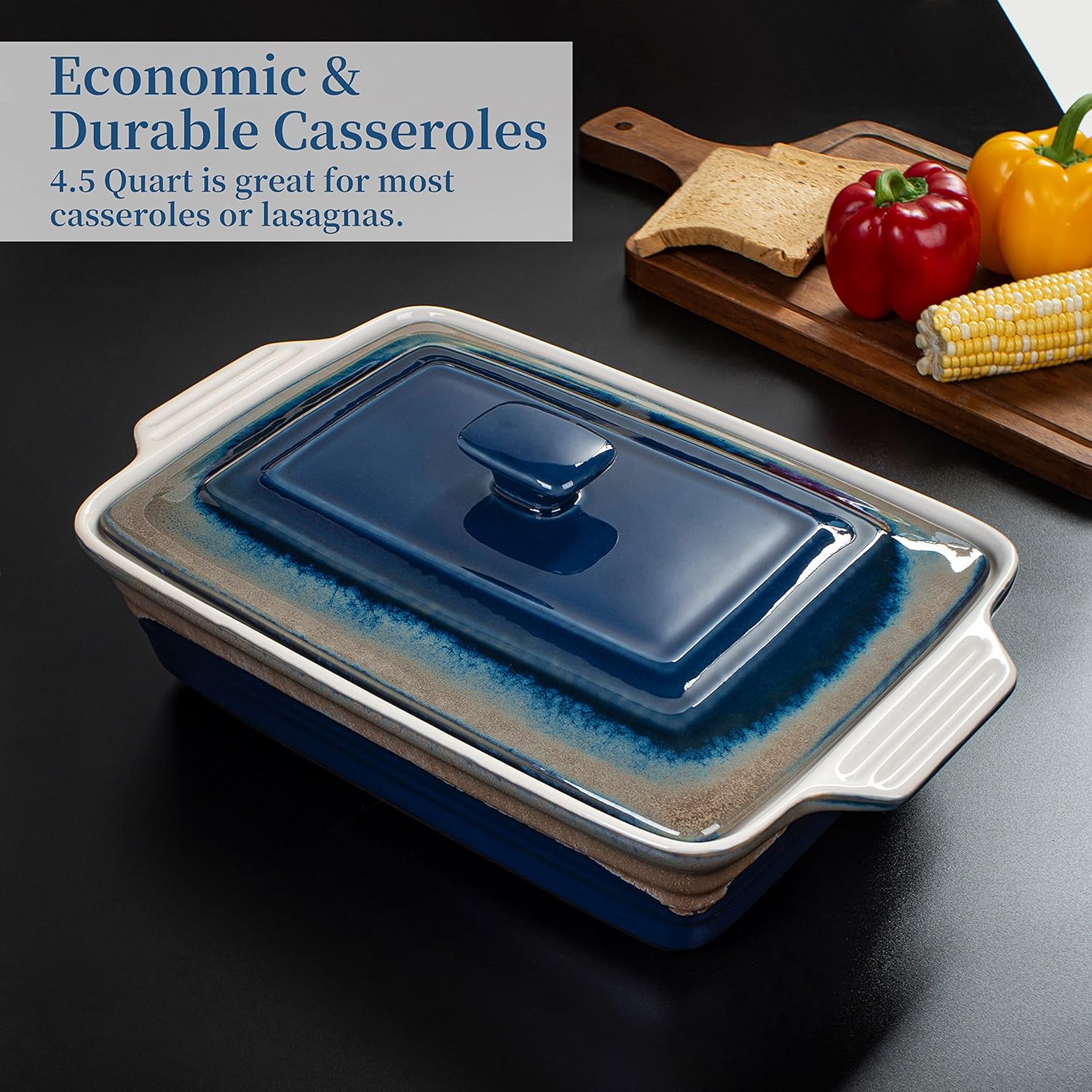 LOVECASA 4.5 Quart Deep Casserole Dish with Lid, Nonstick Baking Lasagna Pan - Easy to Clean Ceramic Bakeware for Oven, Indigo Gray Gradient