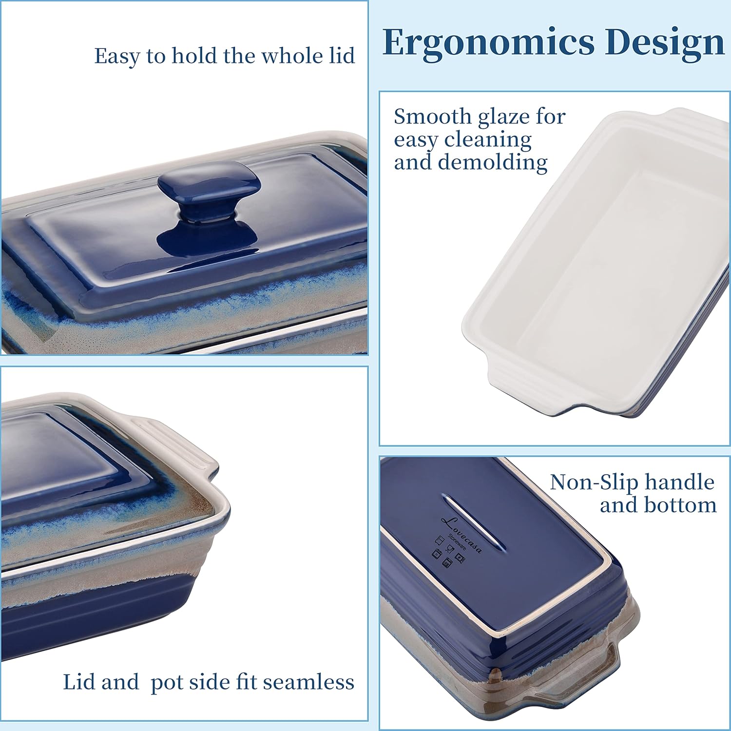 LOVECASA 4.5 Quart Deep Casserole Dish with Lid, Nonstick Baking Lasagna Pan - Easy to Clean Ceramic Bakeware for Oven, Indigo Gray Gradient