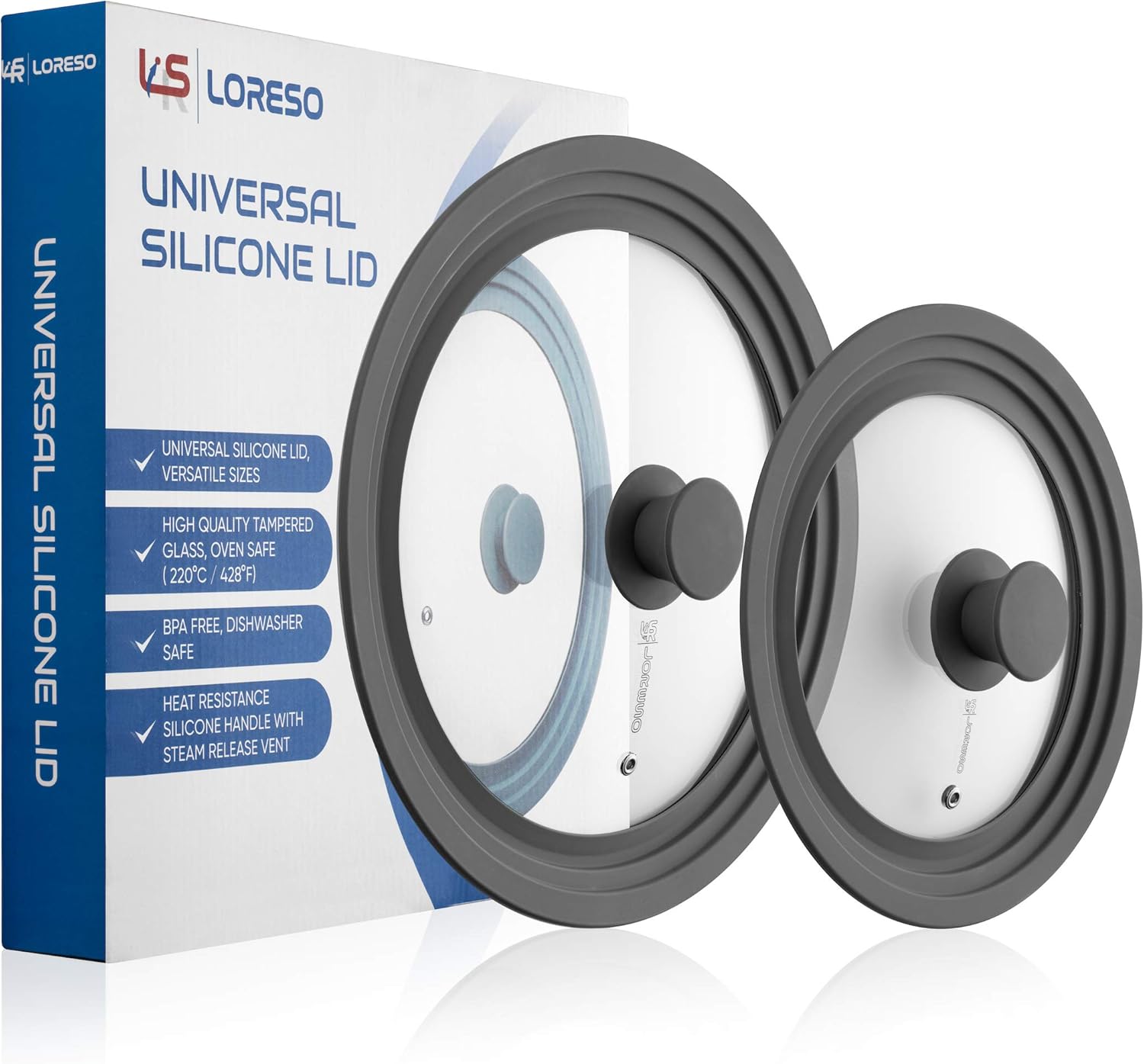 LSR LORESO Universal Silicone Glass Lid Set for Pots, Pans, and Skillets - Pack of Two Grey Lids with Steam Vent and Cool-Touch Handle - Fits Sizes 7-11.5 Inches