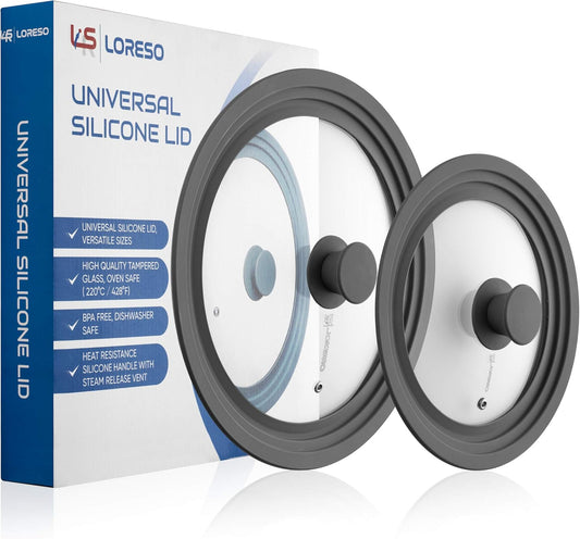 LSR LORESO Universal Silicone Glass Lid Set for Pots, Pans, and Skillets - Pack of Two Grey Lids with Steam Vent and Cool-Touch Handle - Fits Sizes 7-11.5 Inches