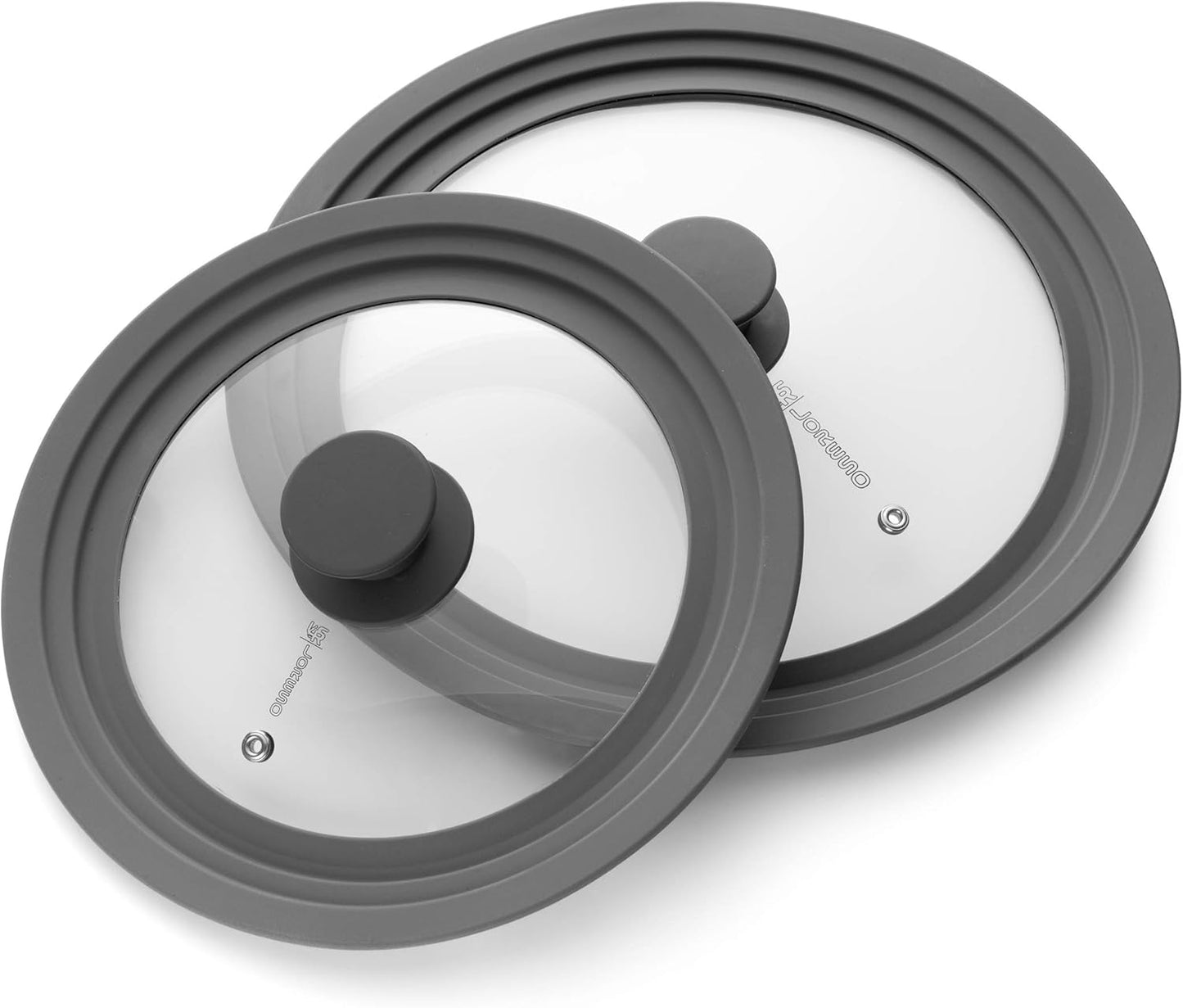 LSR LORESO Universal Silicone Glass Lid Set for Pots, Pans, and Skillets - Pack of Two Grey Lids with Steam Vent and Cool-Touch Handle - Fits Sizes 7-11.5 Inches