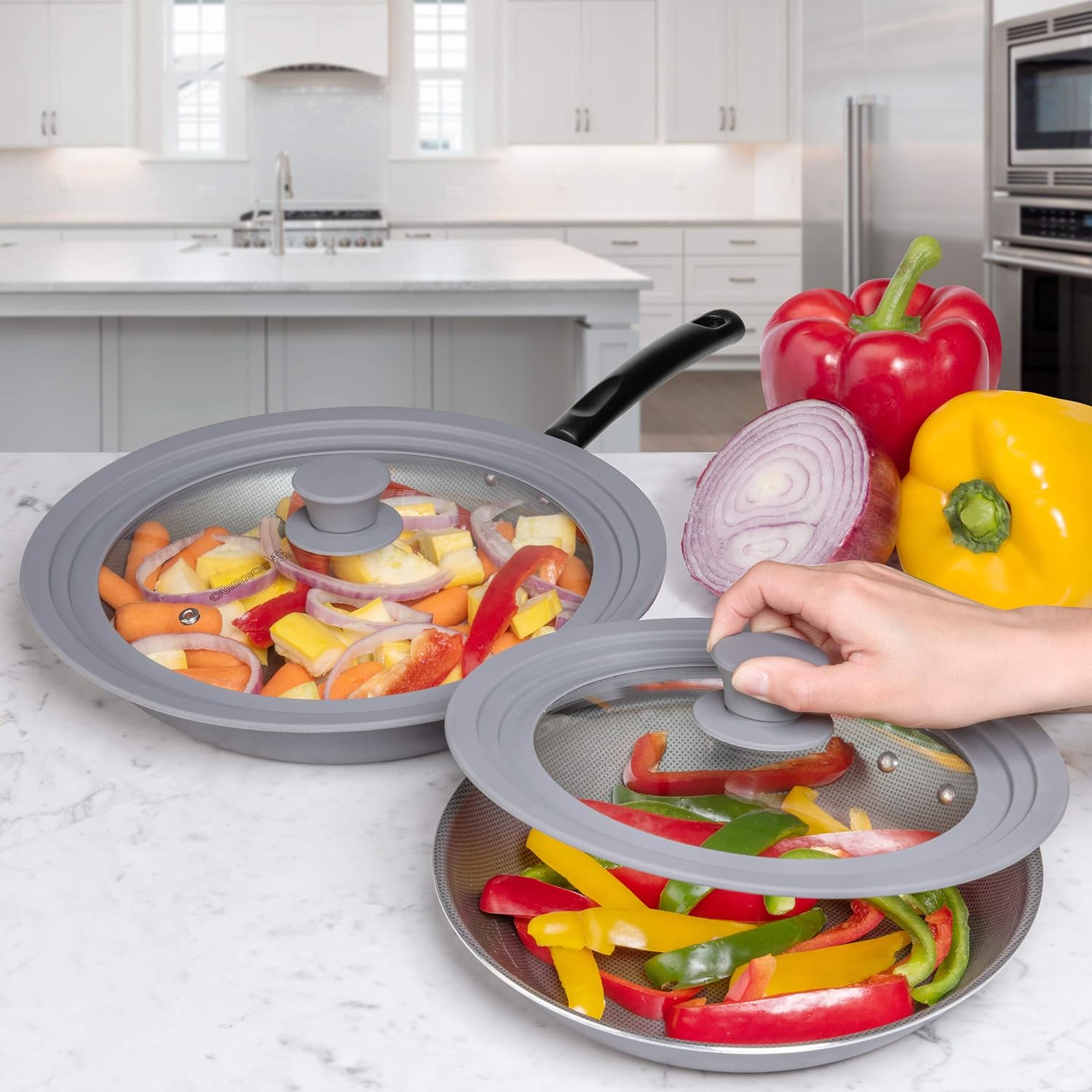 LSR LORESO Universal Silicone Glass Lid Set for Pots, Pans, and Skillets - Pack of Two Grey Lids with Steam Vent and Cool-Touch Handle - Fits Sizes 7-11.5 Inches