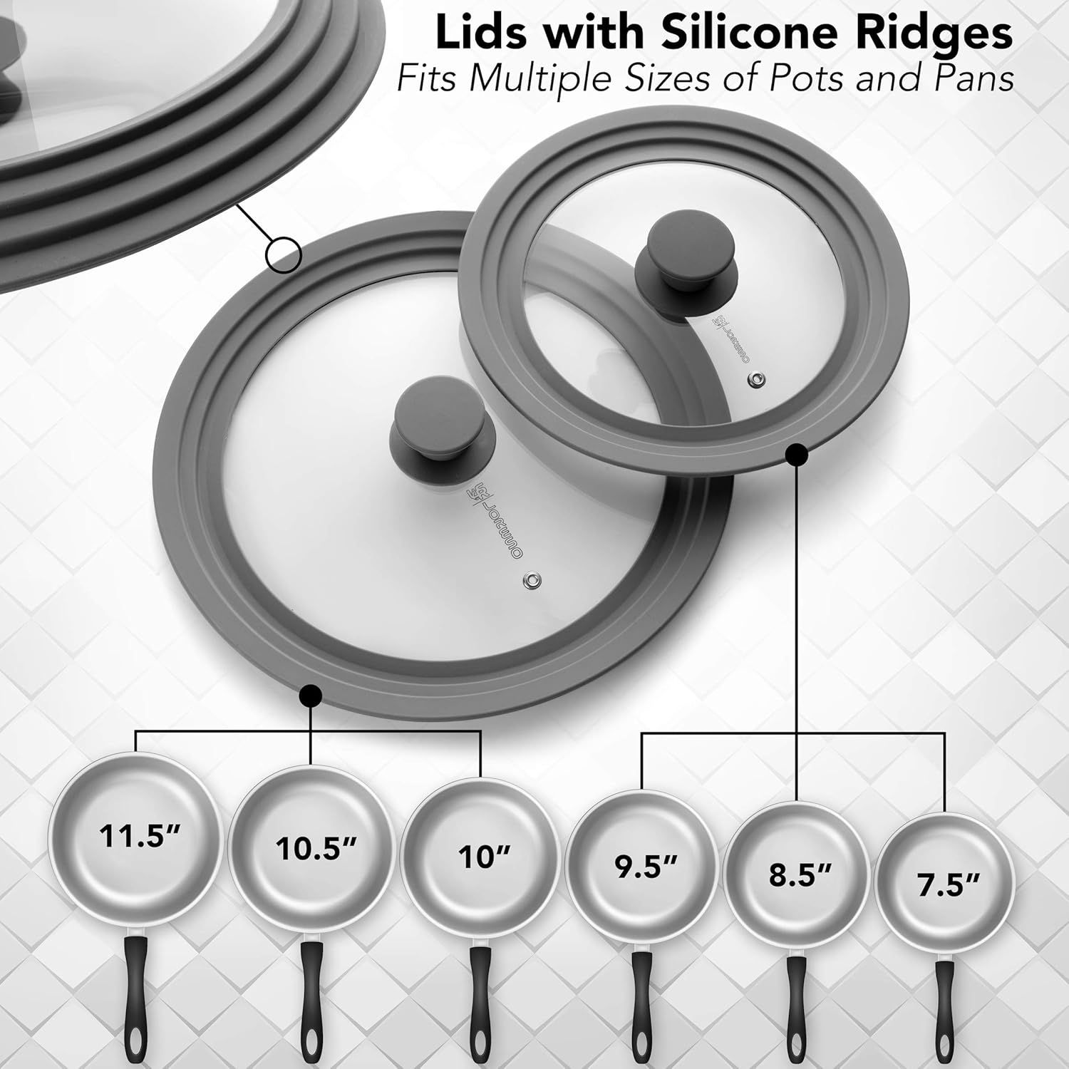 LSR LORESO Universal Silicone Glass Lid Set for Pots, Pans, and Skillets - Pack of Two Grey Lids with Steam Vent and Cool-Touch Handle - Fits Sizes 7-11.5 Inches
