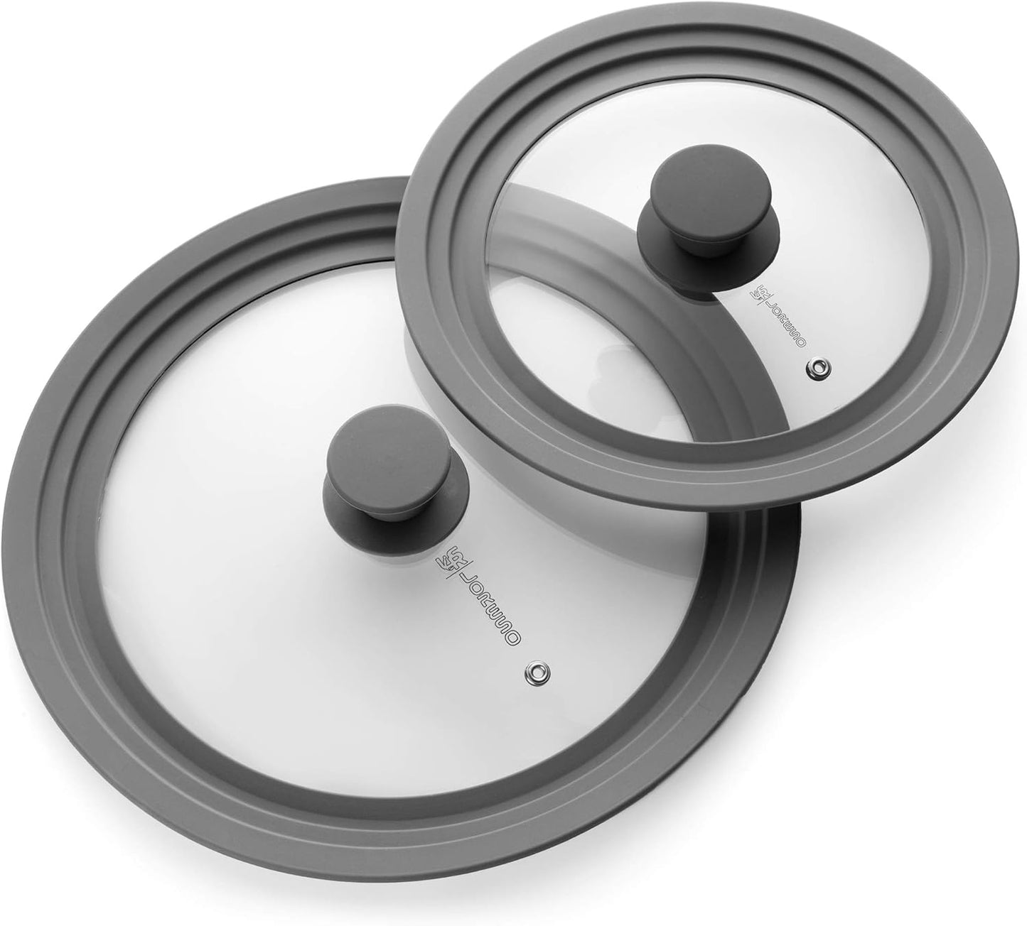 LSR LORESO Universal Silicone Glass Lid Set for Pots, Pans, and Skillets - Pack of Two Grey Lids with Steam Vent and Cool-Touch Handle - Fits Sizes 7-11.5 Inches