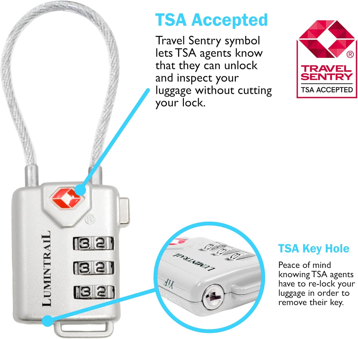 Lumintrail TSA Approved Lock Bundle with 3-Digit Combination, 1 Pack with 4ft and 7ft Cables