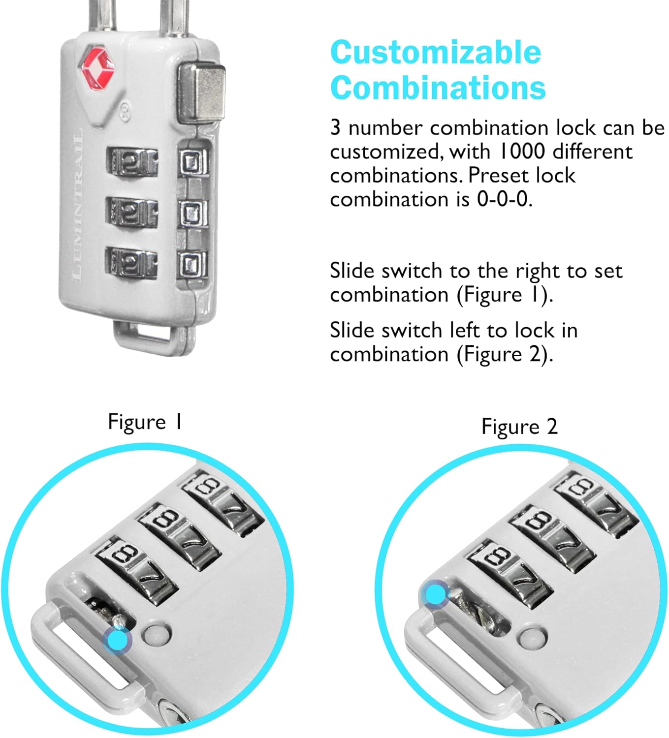 Lumintrail TSA Approved Lock Bundle with 3-Digit Combination, 1 Pack with 4ft and 7ft Cables