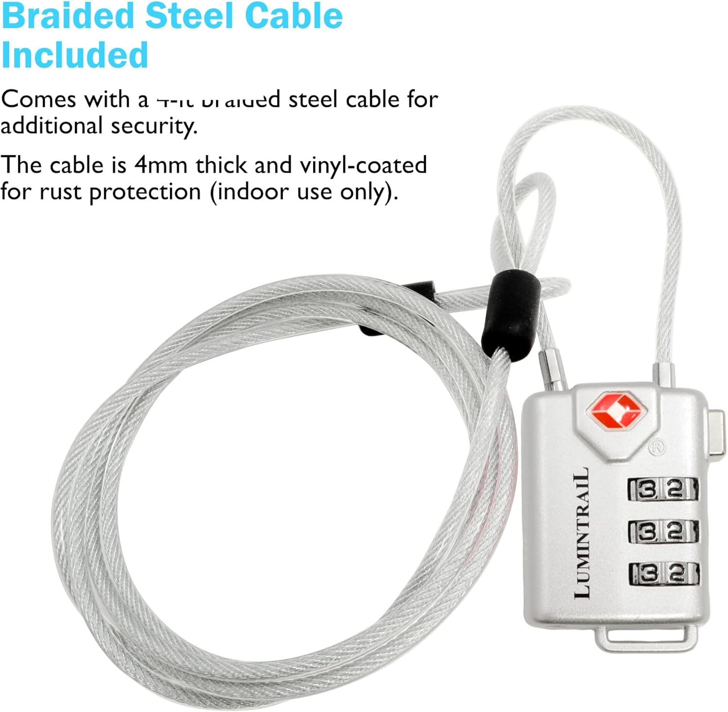 Lumintrail TSA Approved Lock Bundle with 3-Digit Combination, 1 Pack with 4ft and 7ft Cables