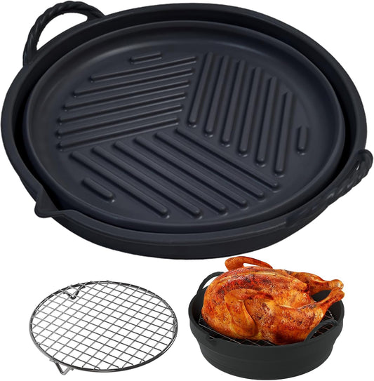 LUXCONE Reusable Silicone Liners with Rack, Foldable Round Basket Liners - 8.5 Inch Inserts for 5-7 QT Air Fryer - Black Color