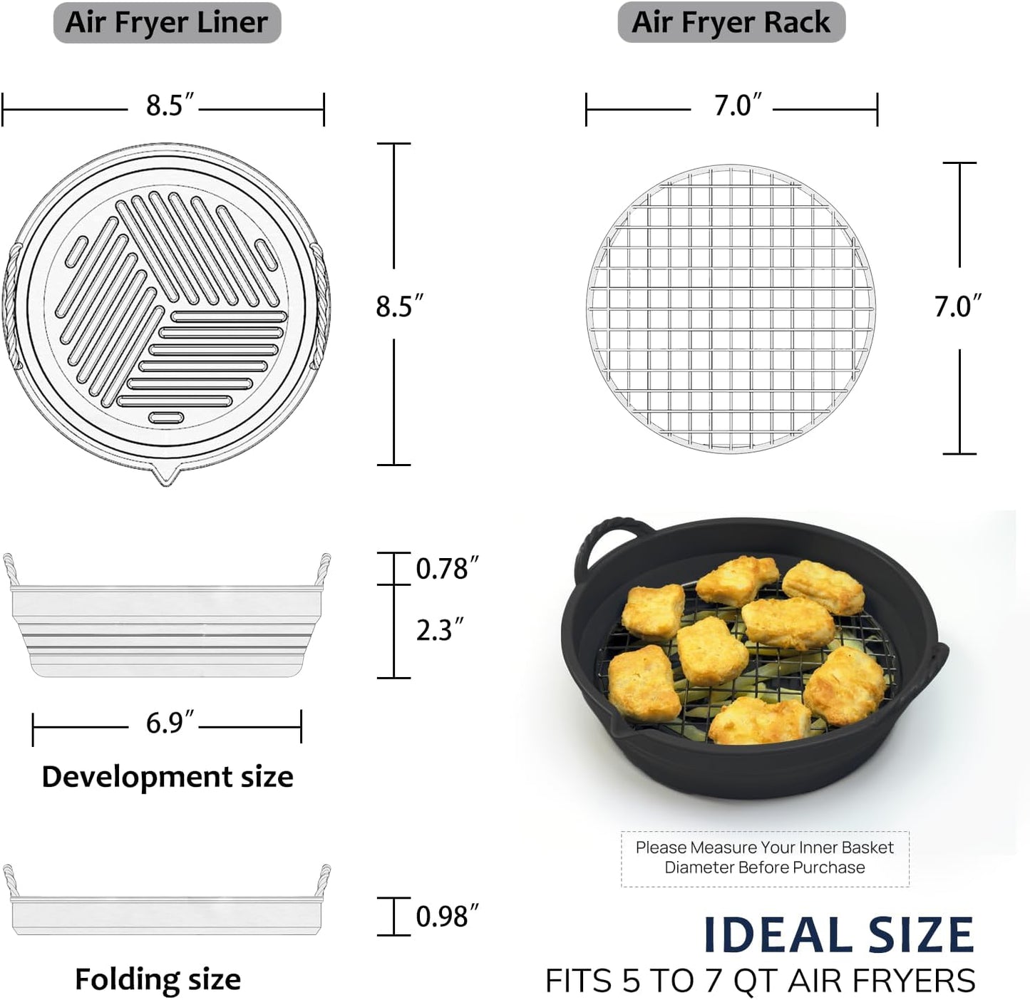 LUXCONE Reusable Silicone Liners with Rack, Foldable Round Basket Liners - 8.5 Inch Inserts for 5-7 QT Air Fryer - Black Color