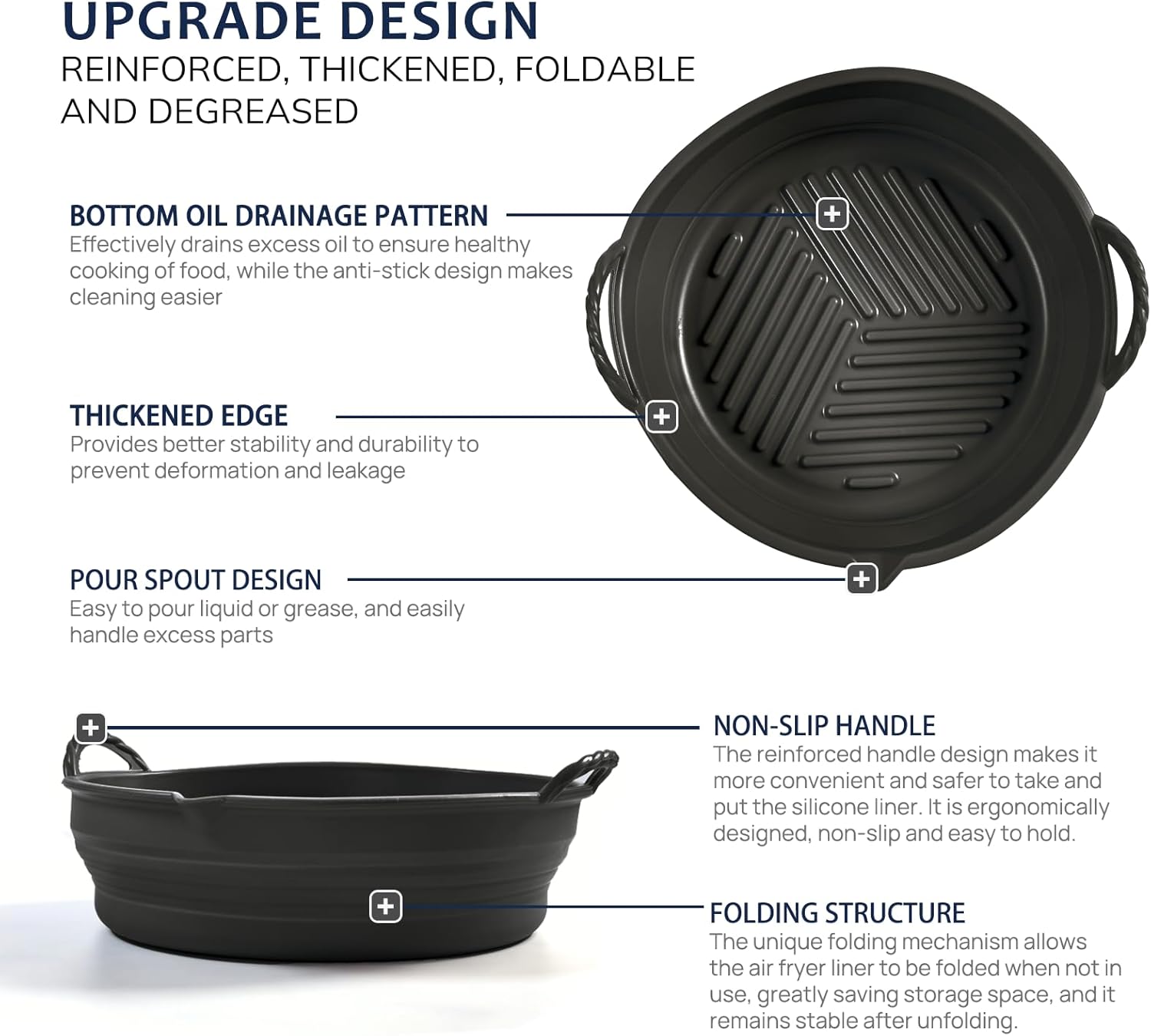 LUXCONE Reusable Silicone Liners with Rack, Foldable Round Basket Liners - 8.5 Inch Inserts for 5-7 QT Air Fryer - Black Color