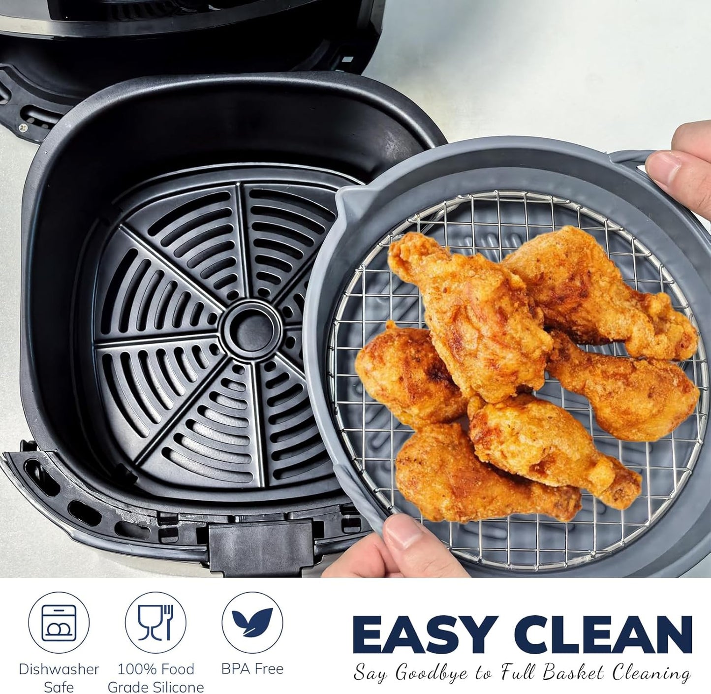 LUXCONE Reusable Silicone Liners with Rack, Foldable Round Basket Liners - 8.5 Inch Inserts for 5-7 QT Air Fryer - Black Color