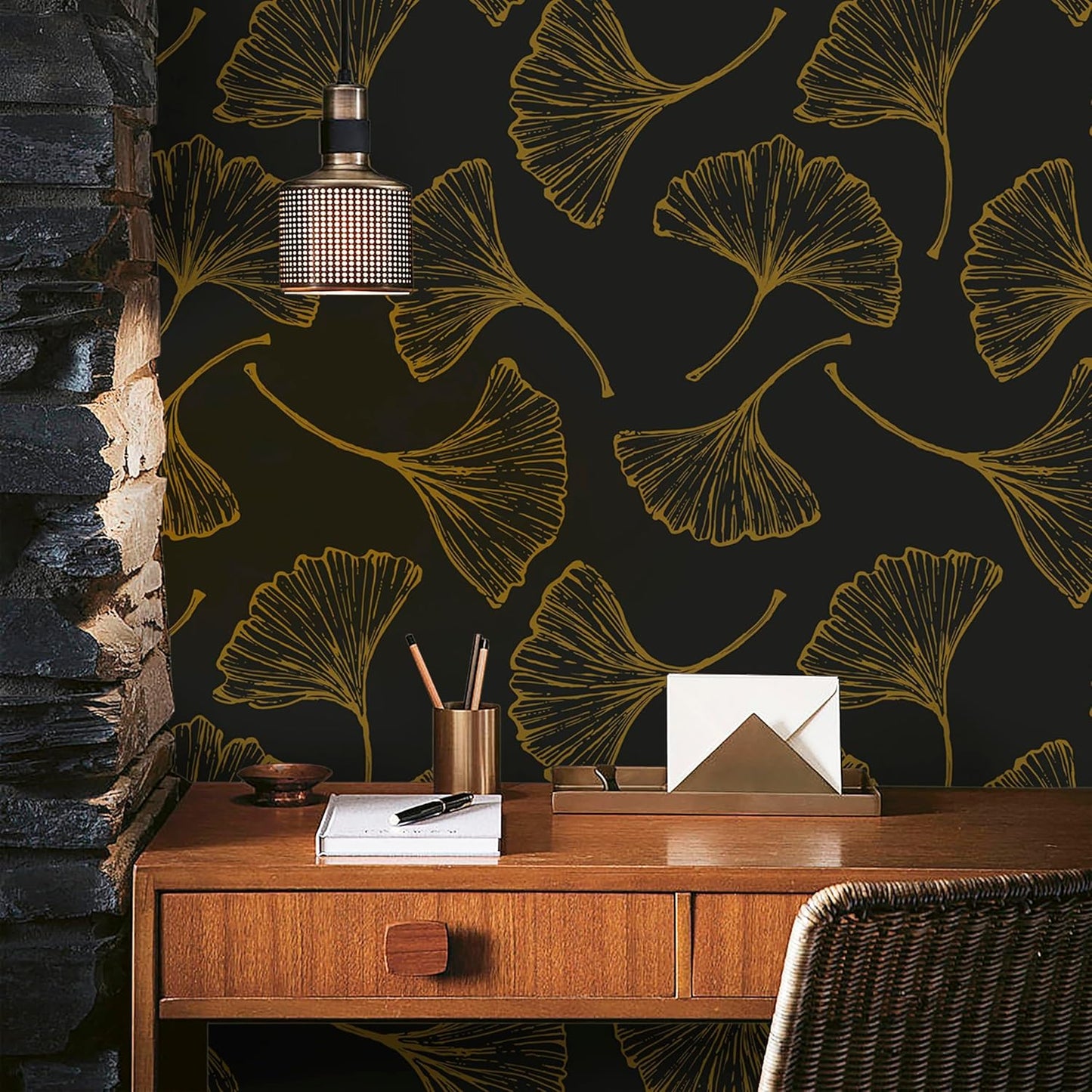 Luxurious Black and Gold Ginkgo Leaves Peel and Stick Wallpaper - 17.3In x 78.7In - Self-Adhesive and Removable - Ideal for Living Room, Bedroom, and Cabinets