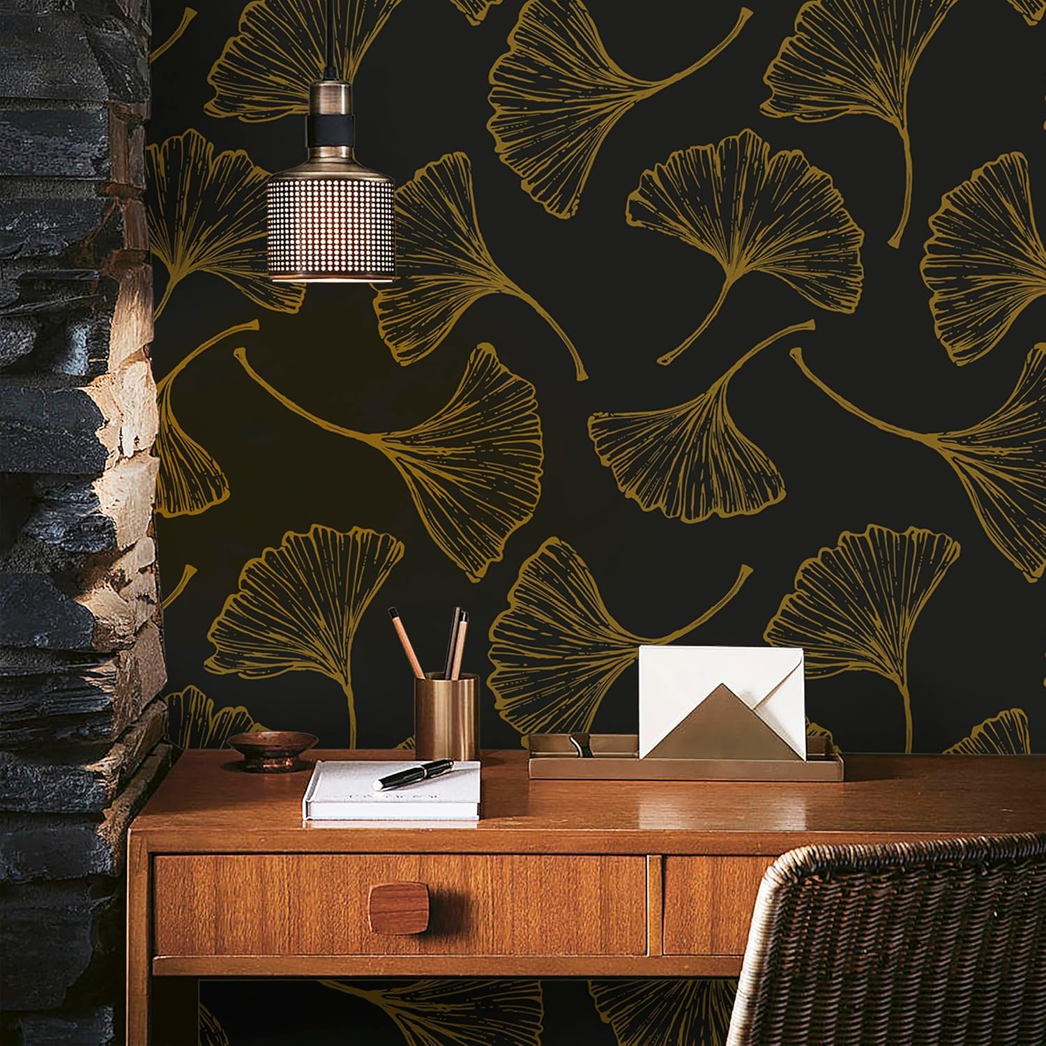 Luxurious Black and Gold Ginkgo Leaves Peel and Stick Wallpaper - 17.3In x 78.7In - Self-Adhesive and Removable - Ideal for Living Room, Bedroom, and Cabinets