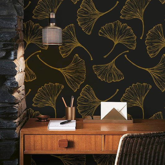 Luxurious Black and Gold Ginkgo Leaves Peel and Stick Wallpaper - 17.3In x 78.7In - Self-Adhesive and Removable - Ideal for Living Room, Bedroom, and Cabinets