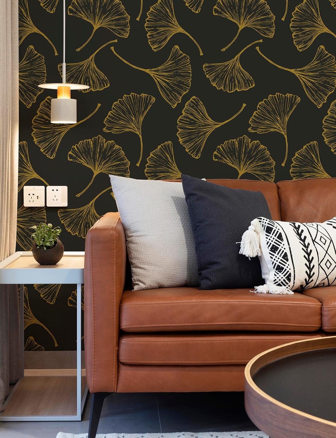 Luxurious Black and Gold Ginkgo Leaves Peel and Stick Wallpaper - 17.3In x 78.7In - Self-Adhesive and Removable - Ideal for Living Room, Bedroom, and Cabinets