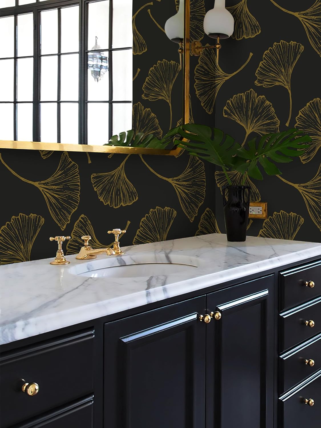 Luxurious Black and Gold Ginkgo Leaves Peel and Stick Wallpaper - 17.3In x 78.7In - Self-Adhesive and Removable - Ideal for Living Room, Bedroom, and Cabinets