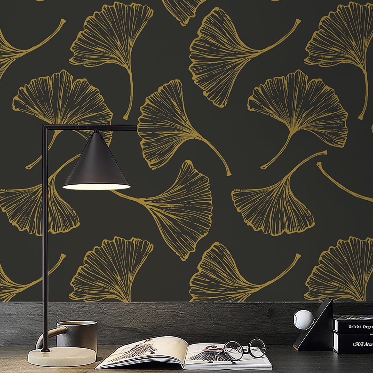 Luxurious Black and Gold Ginkgo Leaves Peel and Stick Wallpaper - 17.3In x 78.7In - Self-Adhesive and Removable - Ideal for Living Room, Bedroom, and Cabinets