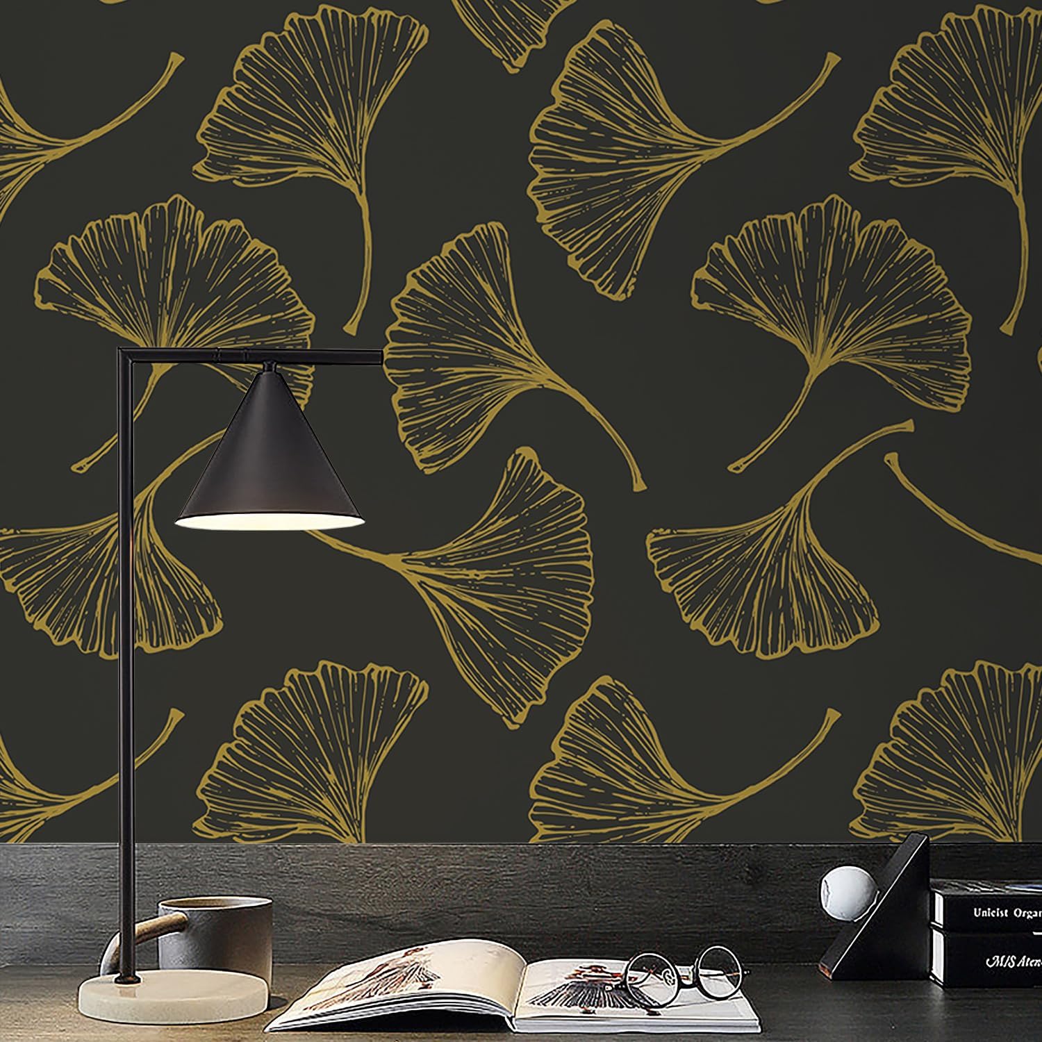 Luxurious Black and Gold Ginkgo Leaves Peel and Stick Wallpaper - 17.3In x 78.7In - Self-Adhesive and Removable - Ideal for Living Room, Bedroom, and Cabinets