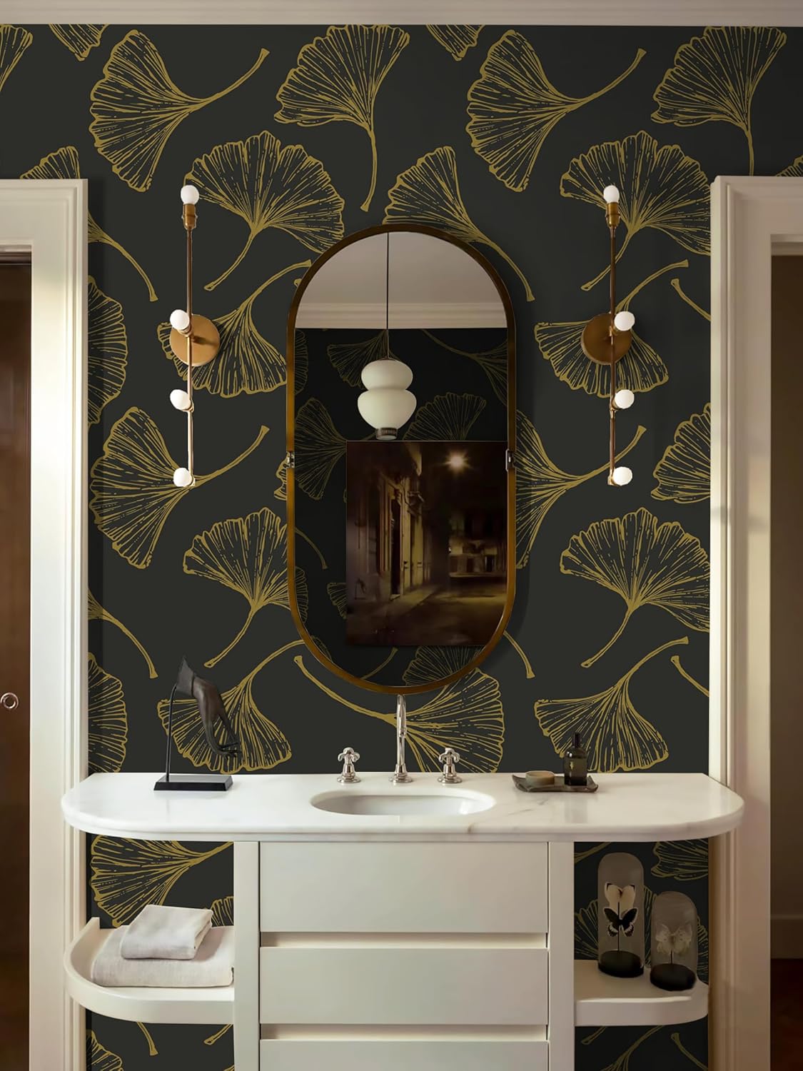Luxurious Black and Gold Ginkgo Leaves Peel and Stick Wallpaper - 17.3In x 78.7In - Self-Adhesive and Removable - Ideal for Living Room, Bedroom, and Cabinets