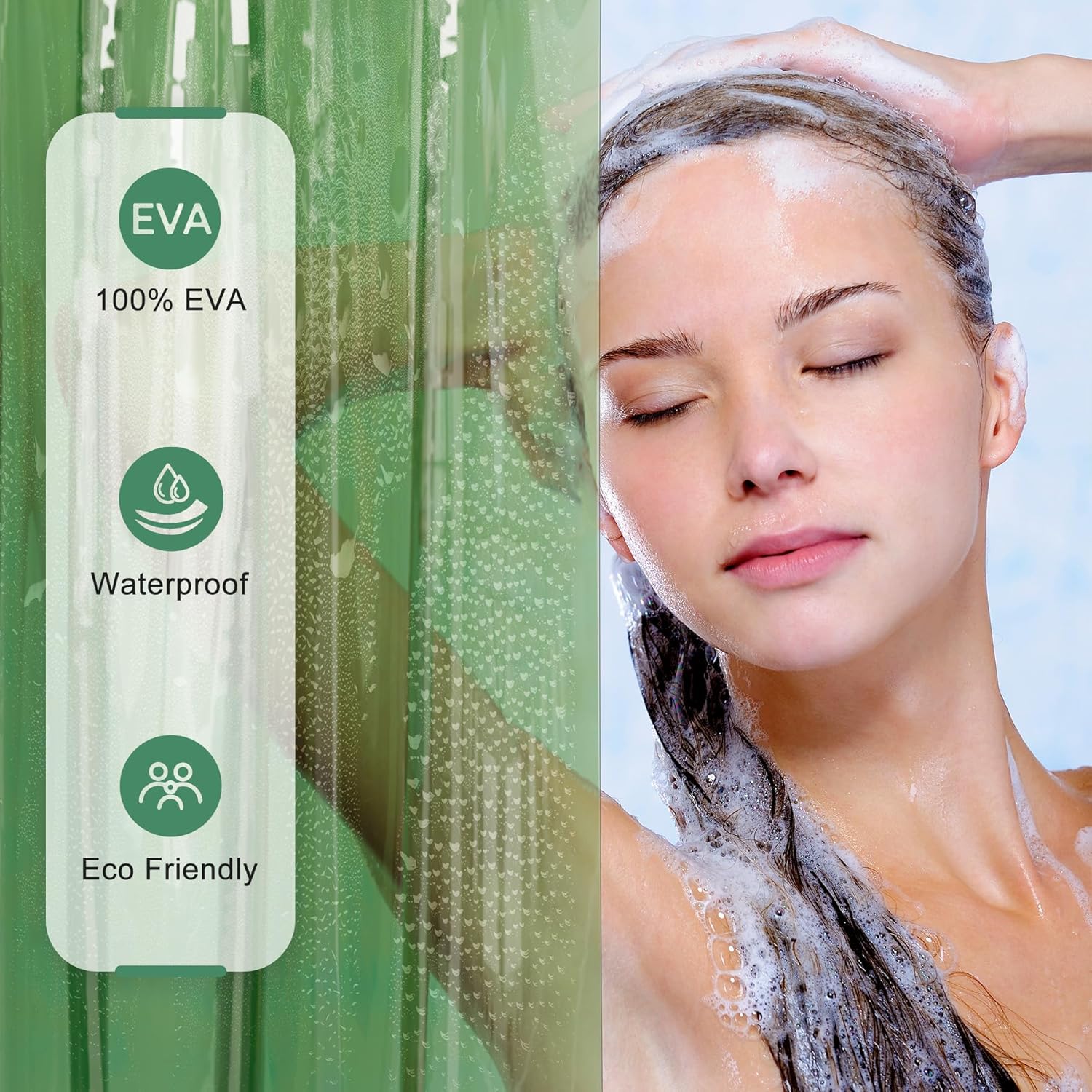 Luxury Heavy Duty EVA Shower Curtain Liner with Rustproof Grommets & Weighted Stones - Clear Green, 72x72