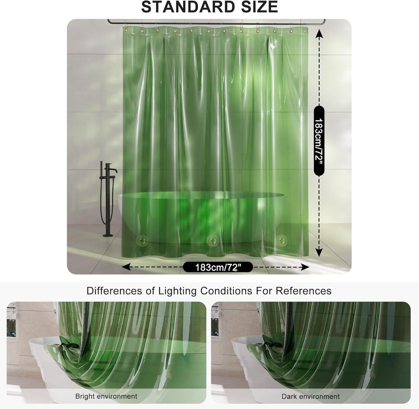 Luxury Heavy Duty EVA Shower Curtain Liner with Rustproof Grommets & Weighted Stones - Clear Green, 72x72