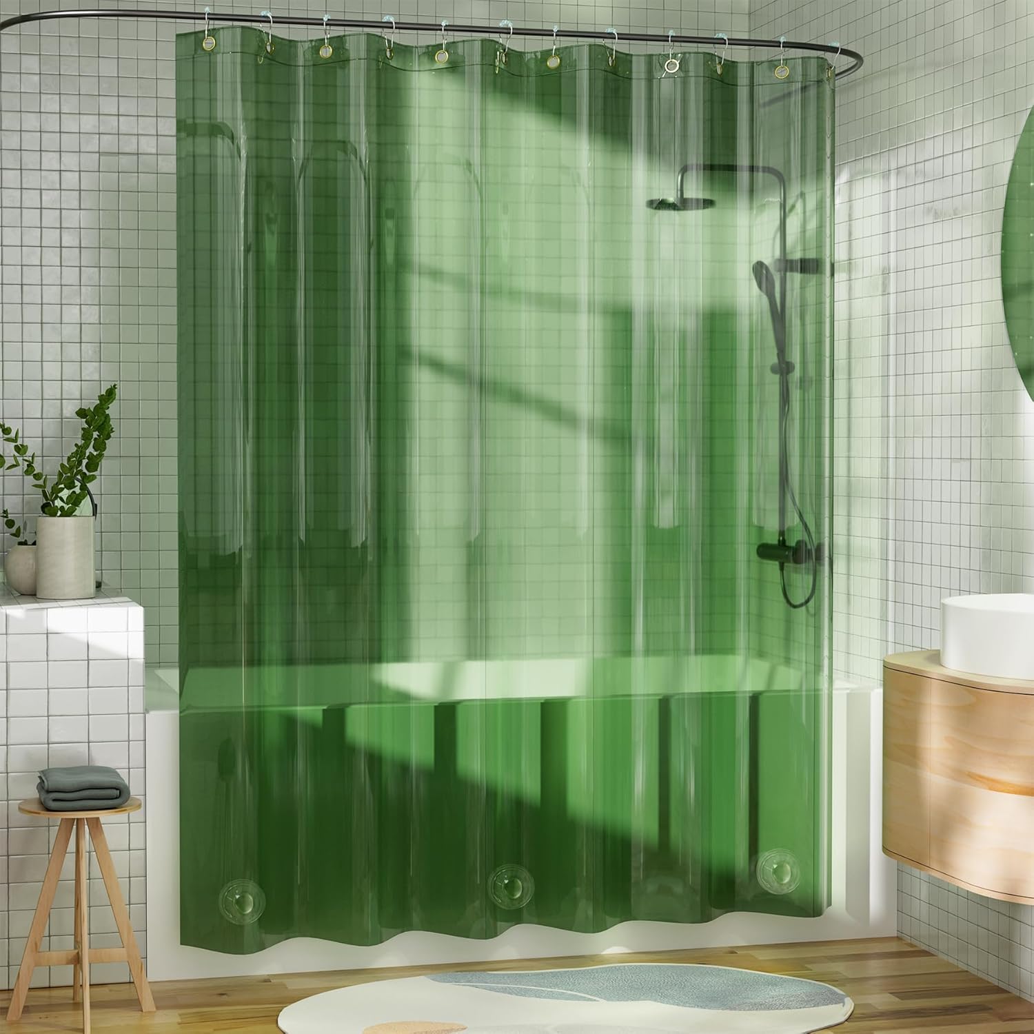 Luxury Heavy Duty EVA Shower Curtain Liner with Rustproof Grommets & Weighted Stones - Clear Green, 72x72
