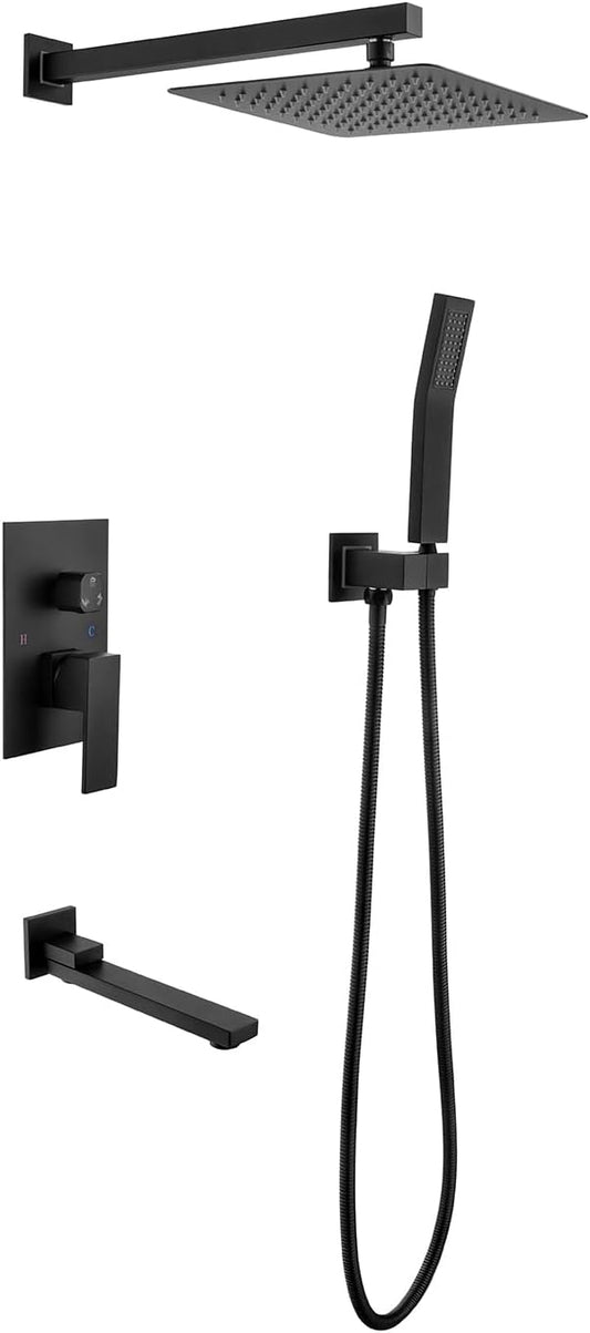 Luxury Square 10" Matte Black Bathroom Rain Mixer Shower Combo Set by Vacolitel