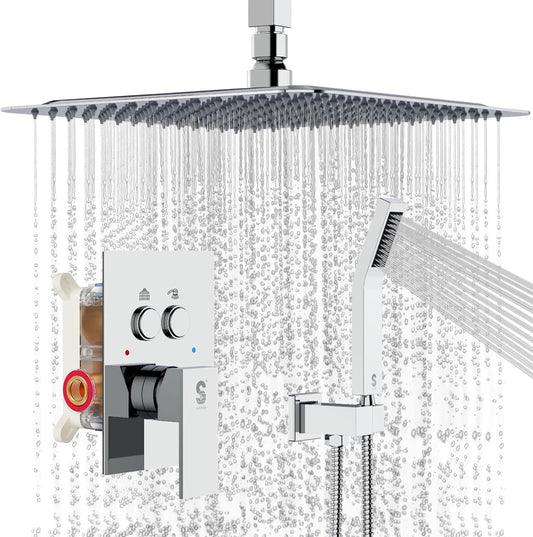 Luxury SR SUN RISE Shower System with Push Button Diverter, Ceiling Mounted 10 Inch Rain Shower Head and Handheld Spray - High Pressure Faucet Combo Set in Polished Chrome