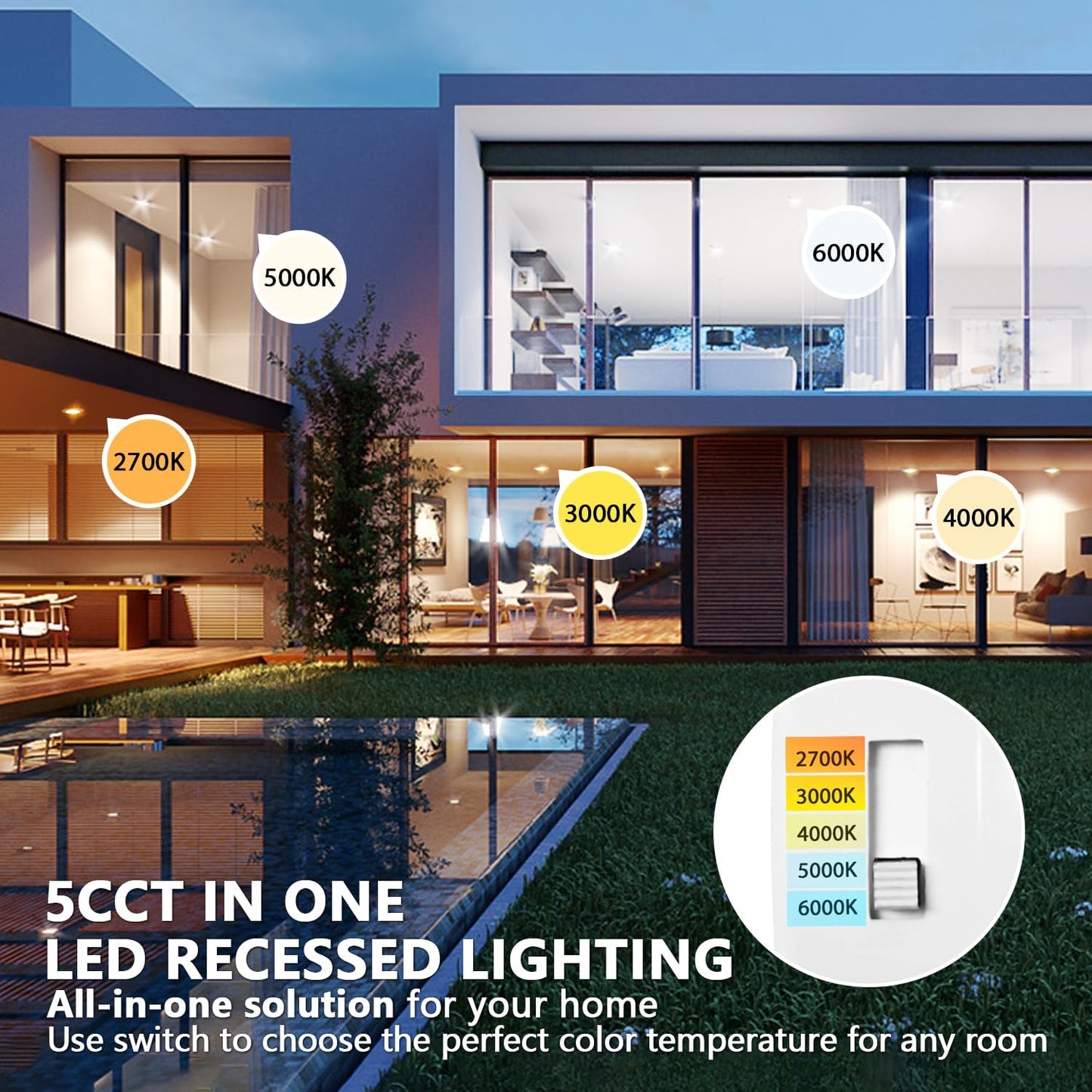 LVWIT 4-inch LED Recessed Light 5CCT Color Selectable Downlight 6 Pack - Dimmable 7W (85W Equivalent) Ceiling Fixture with E26 Conversion Kit, Retrofit Lighting for Home and Office