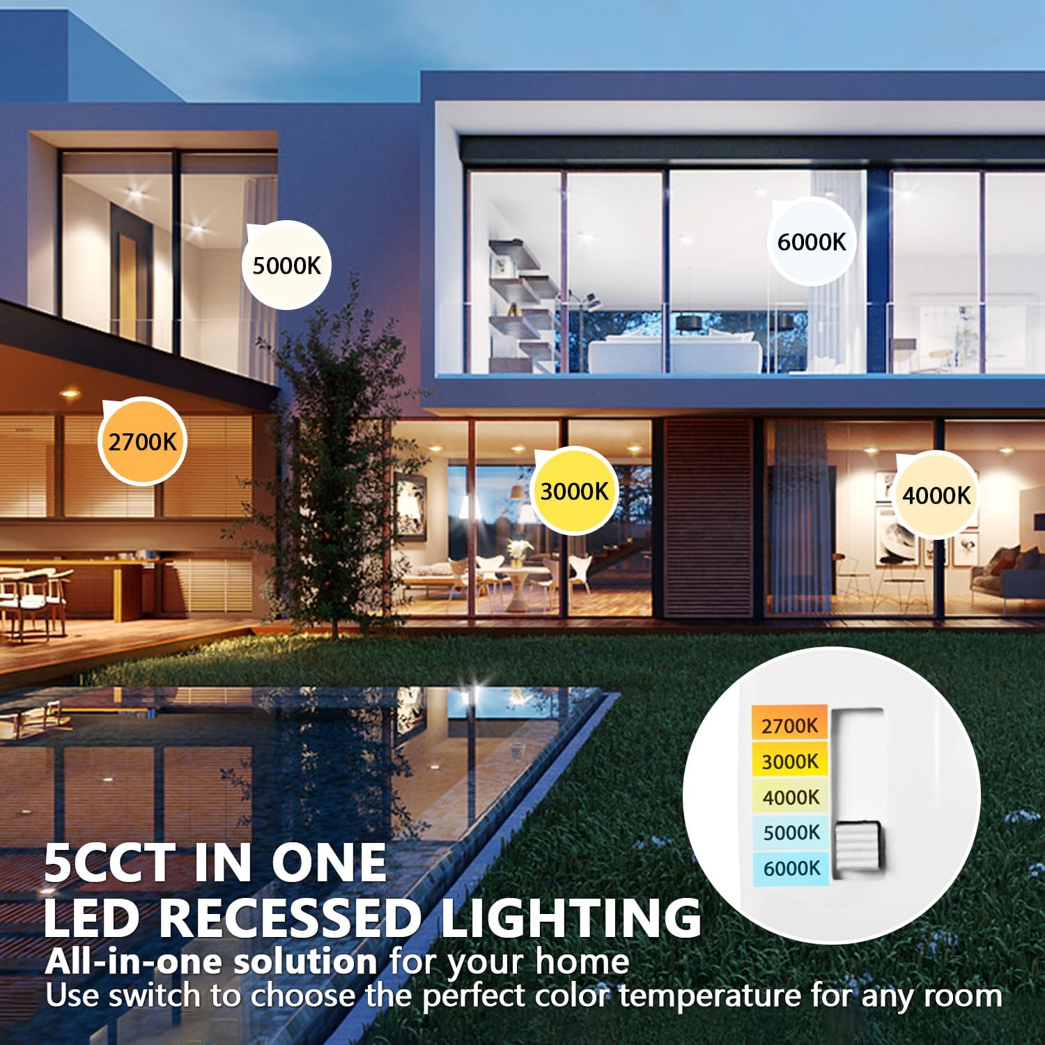 LVWIT 4-inch LED Recessed Light 5CCT Color Selectable Downlight 6 Pack - Dimmable 7W (85W Equivalent) Ceiling Fixture with E26 Conversion Kit, Retrofit Lighting for Home and Office