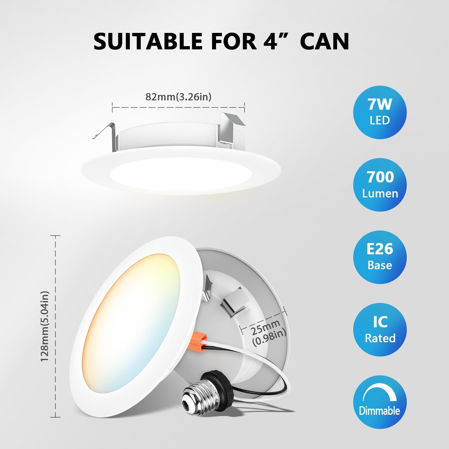 LVWIT 4-inch LED Recessed Light 5CCT Color Selectable Downlight 6 Pack - Dimmable 7W (85W Equivalent) Ceiling Fixture with E26 Conversion Kit, Retrofit Lighting for Home and Office