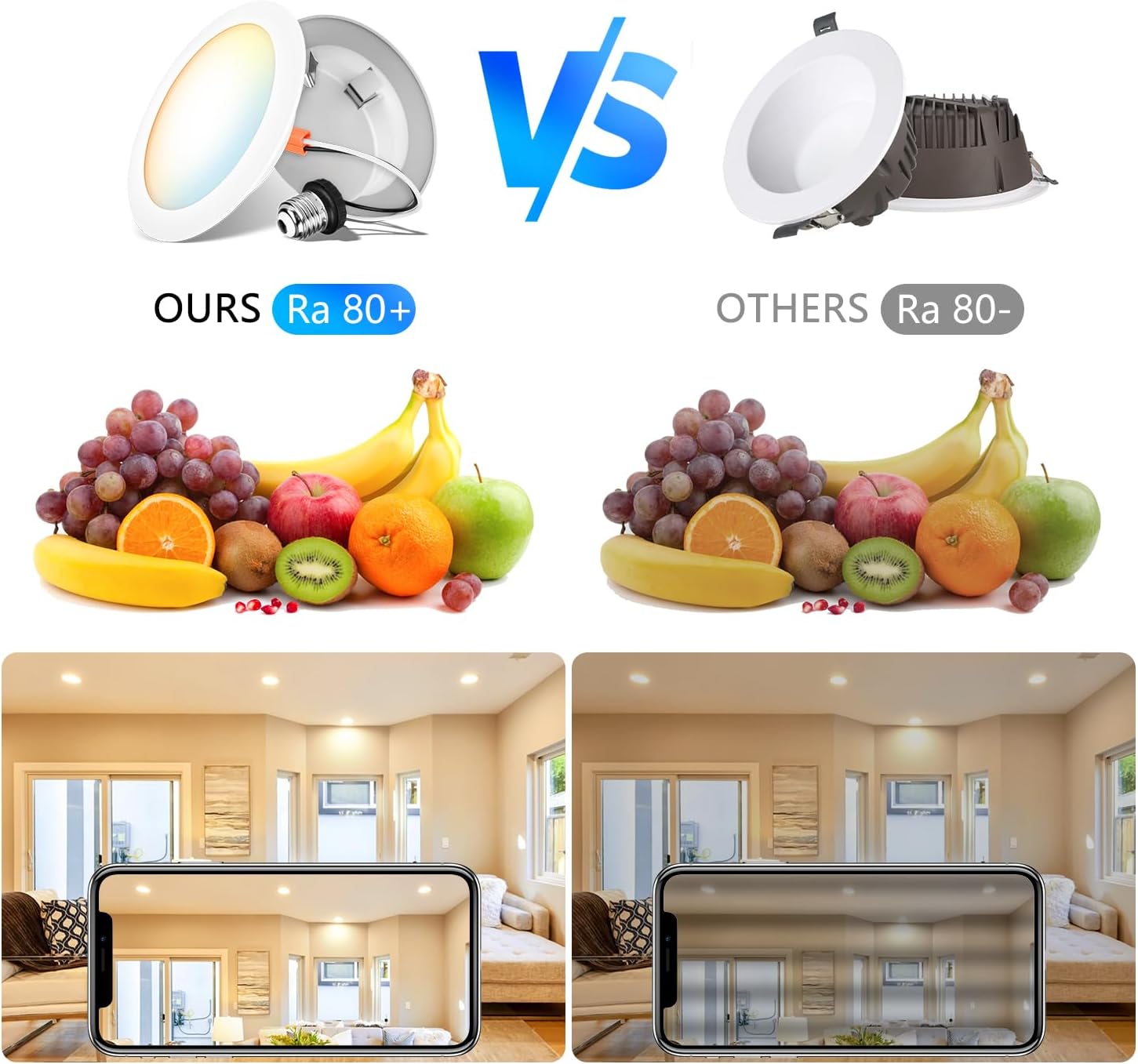 LVWIT 4-inch LED Recessed Light 5CCT Color Selectable Downlight 6 Pack - Dimmable 7W (85W Equivalent) Ceiling Fixture with E26 Conversion Kit, Retrofit Lighting for Home and Office