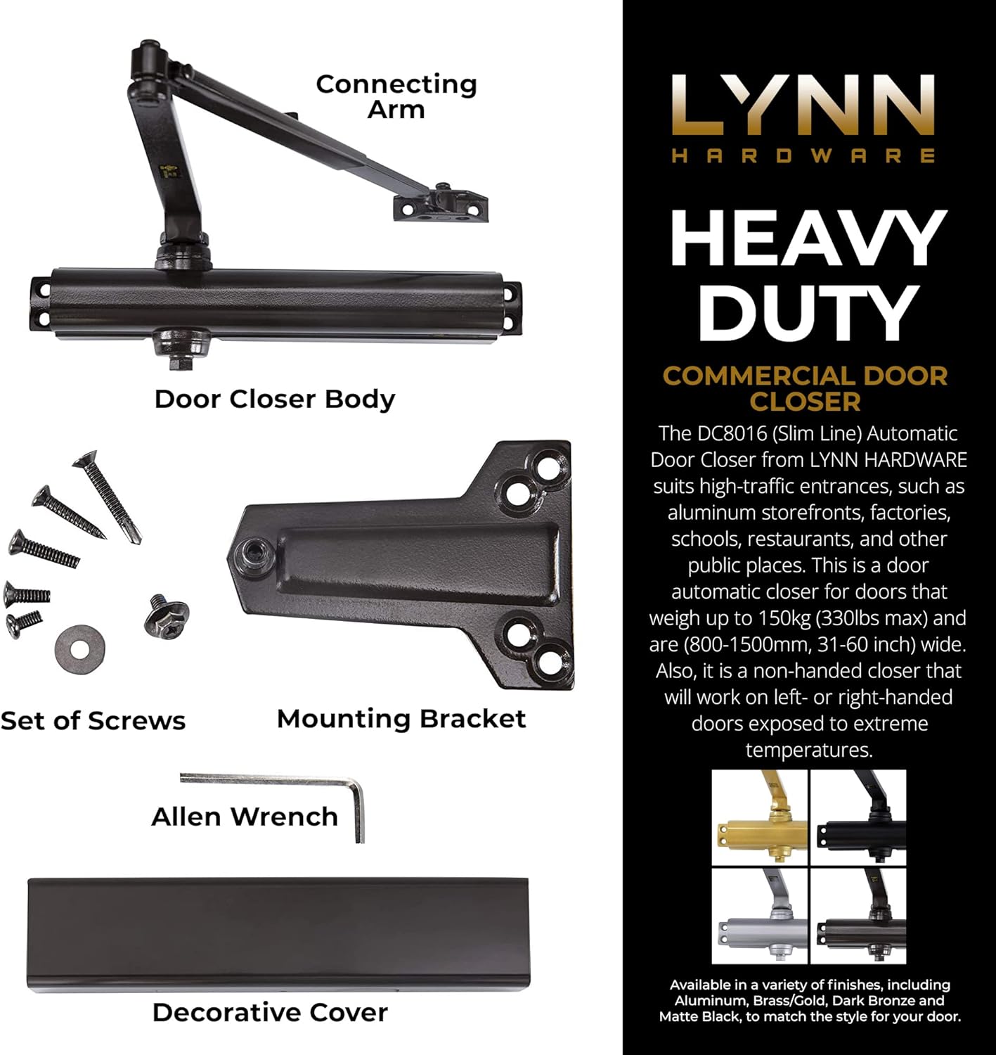 LYNN HARDWARE DC8016 Heavy Duty Commercial Door Closer, Surface-Mounted Auto Closer for Heavy Traffic Areas, Dark Bronze Finish, Size 1-6
