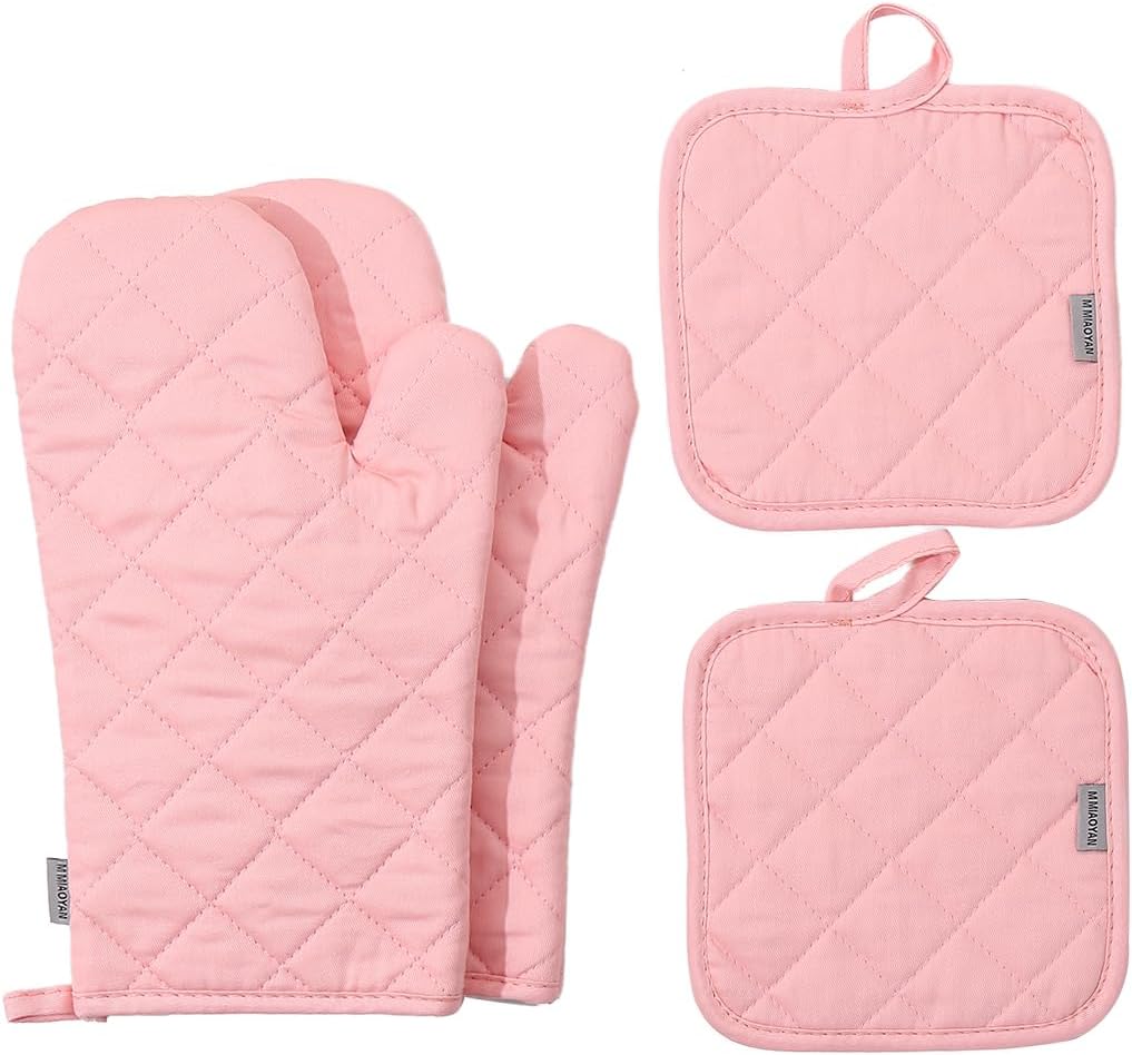 M MIAOYAN 4-Piece Set of High Heat Resistant Oven Mitts and Pot Holders in Pink (12 Inch) - Extra Thick, Long Kitchen Cotton Gloves for Cooking up to 500 Degrees